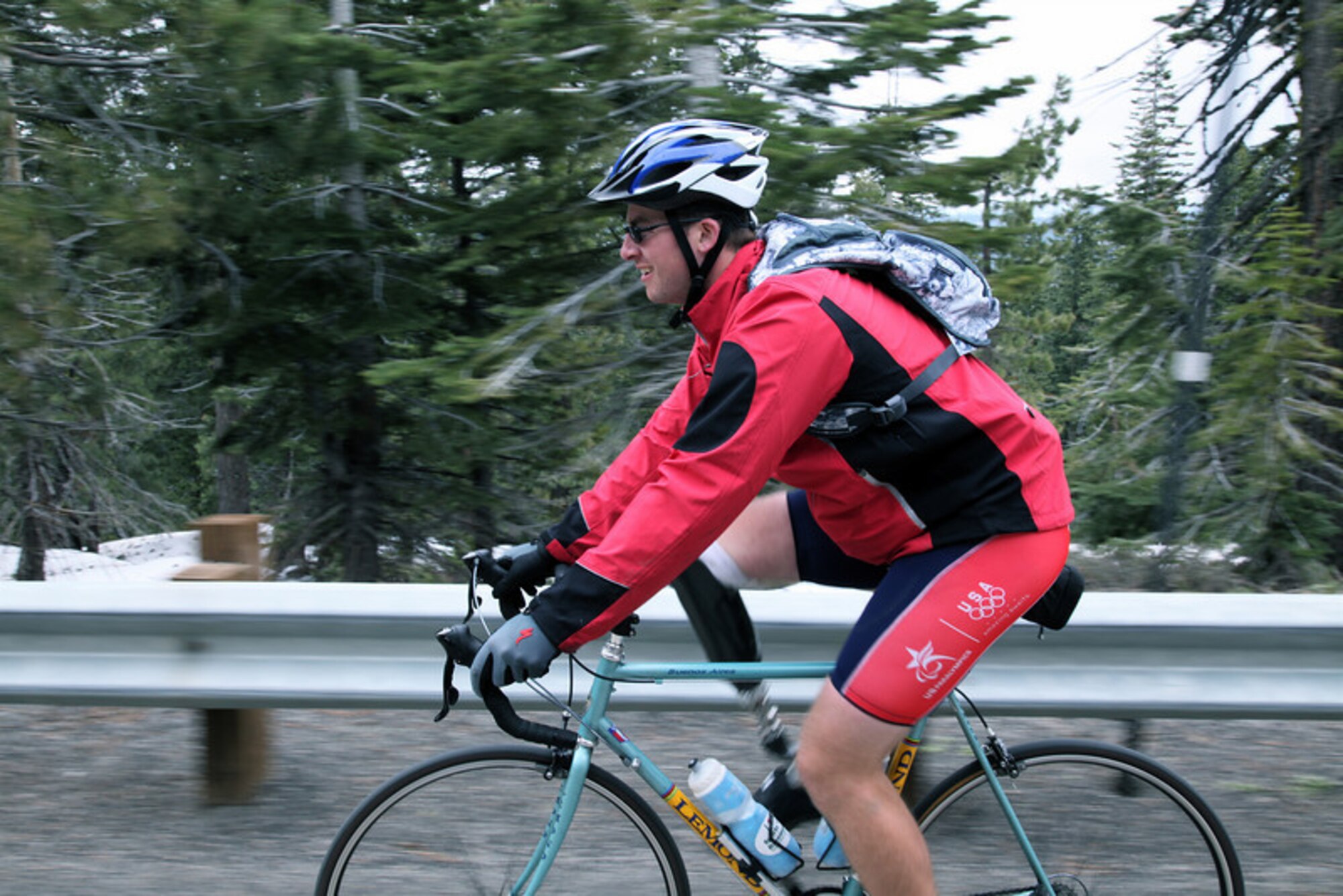 Senior Airman Brian Petras from the 50th Airlift Squadron at Little Rock Air Force Base, Ark., is participating in the Sea to Shining Sea ride hosted by World T.E.A.M. Sports and sponsored by State Farm. The team of 20 riders is composed of primarily wounded, ill, or injured servicemembers cycling across America, which started in San Francisco, Calif., and will end at Virginia Beach, Va., July 24. (Photo by Austin Smithard) 