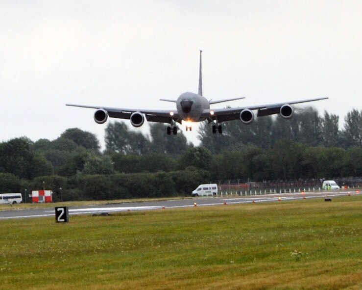RAF FAIRFORD, United Kingdom - A KC-135 lands after performing for spectators July 18 at the Royal International Air Tattoo. (U.S. Air Force photo by Staff Sgt. Joel Mease)