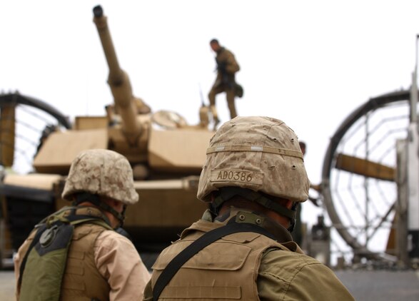 Reserve Marines with Alpha Company, 4th Tank Battalion, San Diego, offload a tank from a Landing Craft Air Cushion during a simulated amphibious land-and-assault at Camp Pendleton’s Red Beach, July 19.Marines learned how to complete mission essential tasks using the LCACs, tanks and convoys. More than 70 service members came together for this event. The 10-day activity began on the shore line of Red beach and is scheduled to end in the 41 Area, July 26.