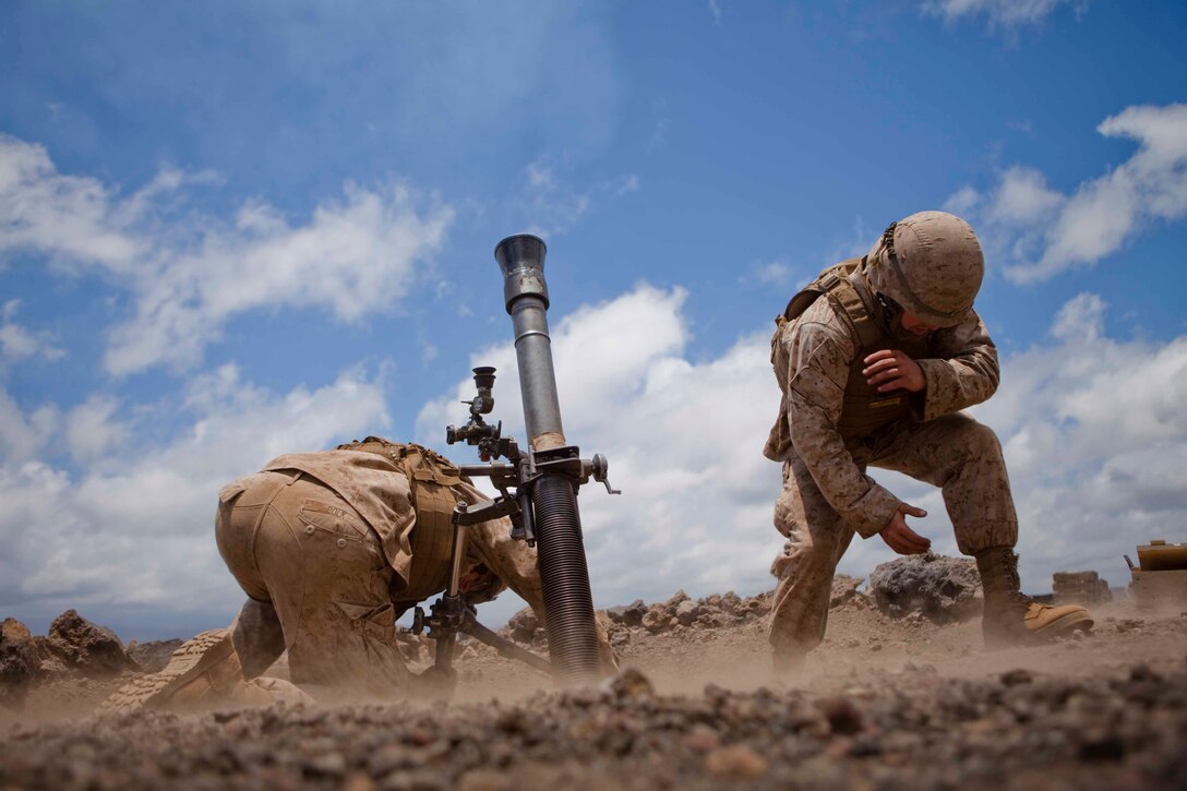 Pfc. Dustin Polk and Lance Cpl. Michael Wachs, mortarmen with Weapons Company, 2nd Battalion, 3rd Marine Regiment, brace themselves during 81mm mortar live fire at Firing Point 442 on Pohakuloa Training Area, Hawaii, July 19. The 2/3 Marines and coalition forces conducted a variety of ranges and interoperability training during a weeklong training evolution at PTA as part of during the biannual, multi-national Exercise Rim of the Pacific 2010.