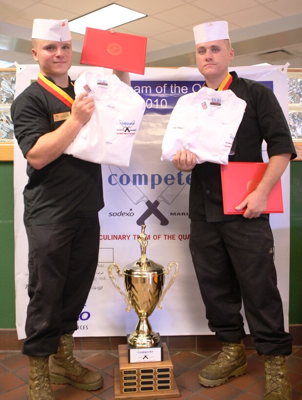 Cpl. Matthew Bernard (left), and Lance Cpl. Austin McManus, both food service specialists with 2nd Battalion, 8th Marine Regiment, 2nd Marine Division, won first place at the third quarter Culinary Team of the Quarter Competition at Mess Hall 211 aboard Marine Corps Base Camp Lejeune, July 20.