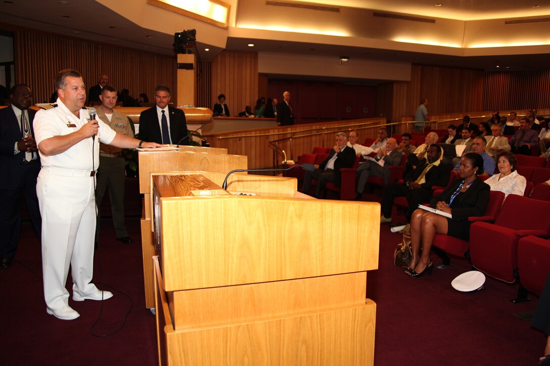 Navy Capt. Jeff Amick, the USS Iwo Jima commanding officer, addresses Miami-Dade County officials about Continuing Promise 2010 and thanks Miami-Dade County for its hospitality in allowing Marines and Sailors aboard the USS Iwo Jima to visit Miami, July 20, 2010. Amick was later presented a key to Miami-Dade County for CP10’s upcoming humanitarian efforts to the Caribbean, Central and South America. More than 500 Special-Purpose MAGTF Marines and Sailors spent three days in Miami en route to continuing the four-month deployment.