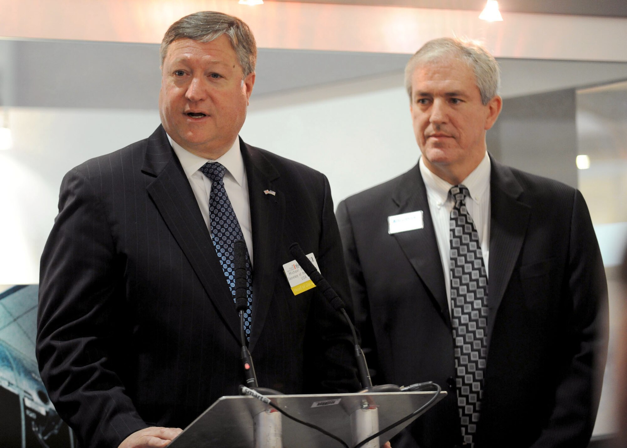 Secretary of the Air Force Michael B. Donley provides remarks July 19, 2010, at the official ribbon cutting ceremony at the Farnborough International Air Show in Farnborough, England. Approximately 70 aircrew and support members from bases in Europe and the U.S. participated in the air show. The event allows exhibitors to showcase the newest aerospace equipment and technology. (U.S. Air Force photo/Staff Sgt. Jerry Fleshman) 