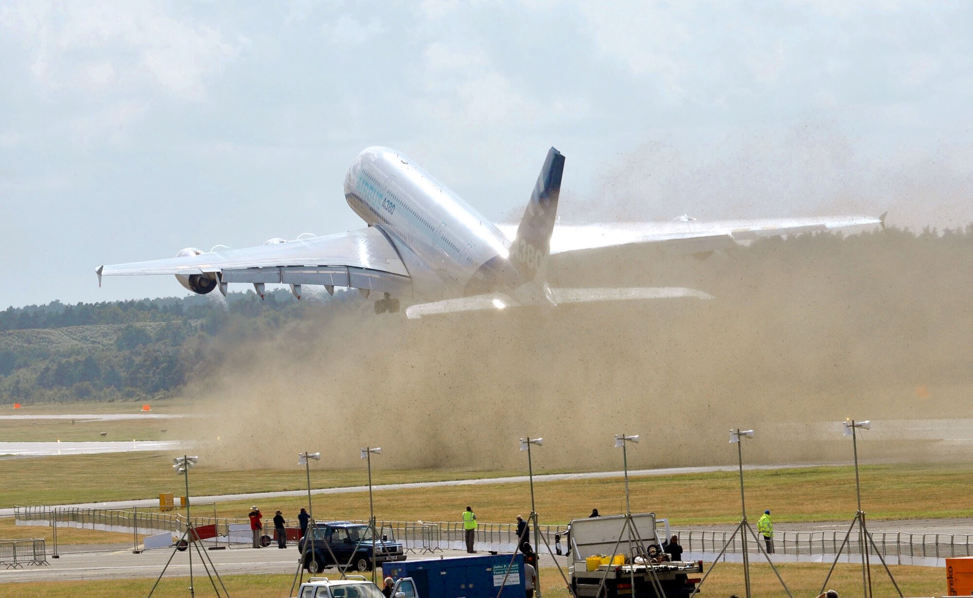 An Airbus A380 takes off to perform a demonstration for spectators July 19, 2010, during the Farnborough International Air Show in Farnborough, England. (U.S. Air Force photo/Col. Robert Suminsby)