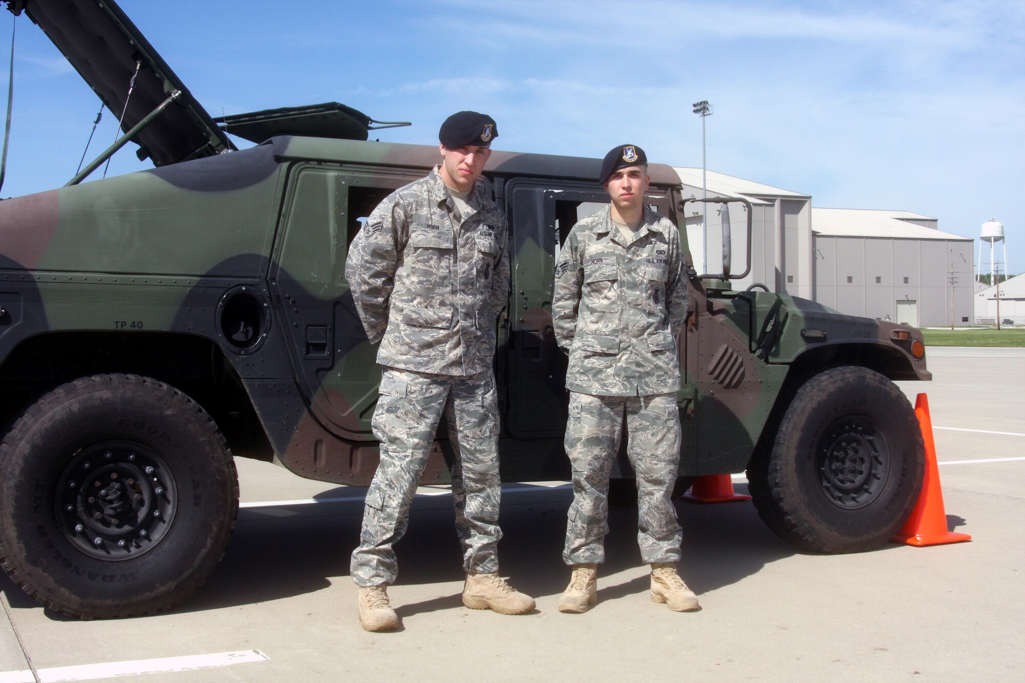 WRIGHT-PATTERSON AIR FORCE BASE, Ohio - Senior Airmen Kevin and Brian Horn, 445th Security Forces Squadron, were both assigned to the 506th Expeditionary Security Forces Squadron, Kirkuk Regional Air Base, Iraq, in 2009, overlapping each other during the six-month deployment. (U.S. Air Force photo/Senior Airman Mikhail Berlin)