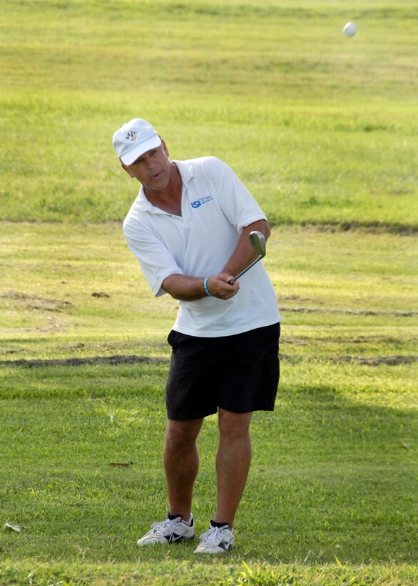 Jim Winters takes a shot on Hole No. 1 July 15 at Wind Creek Golf Course on Sheppard Air Force Base. Mr. Winters, an Air Force retiree and simulator instructor at the 80th Flying Training Wing, said he likes Sheppard' course because of its reasonable cost and challenges. (U.S. Air Force photo/Harry Tonemah)