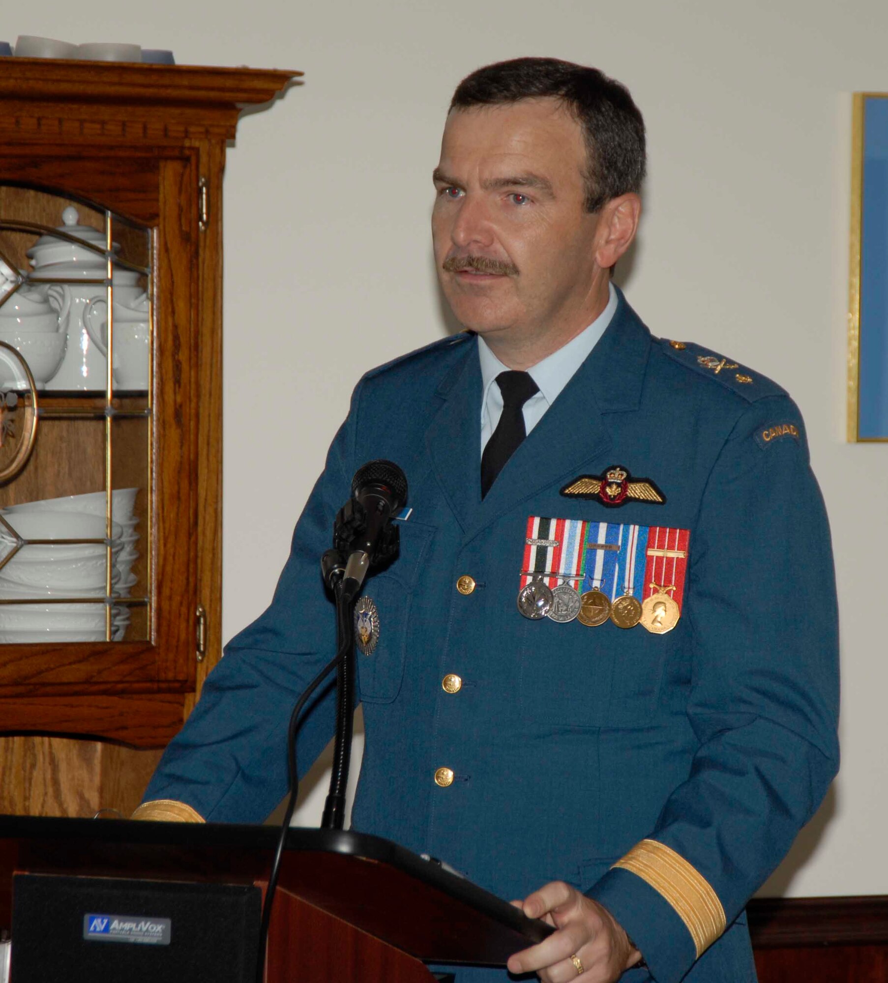 Brig. Gen. André Viens, Continental U.S. NORAD Region deputy commander, delivers a speech to members of CONR-1st Air Force (Air Forces Northern).  After serving three years as CONR’s deputy, General Viens has been assigned as the Director General of Military Careers for Canadian Forces at Canada’s National Defence Headquarters in Ottawa.  (U.S. Air Force photo)