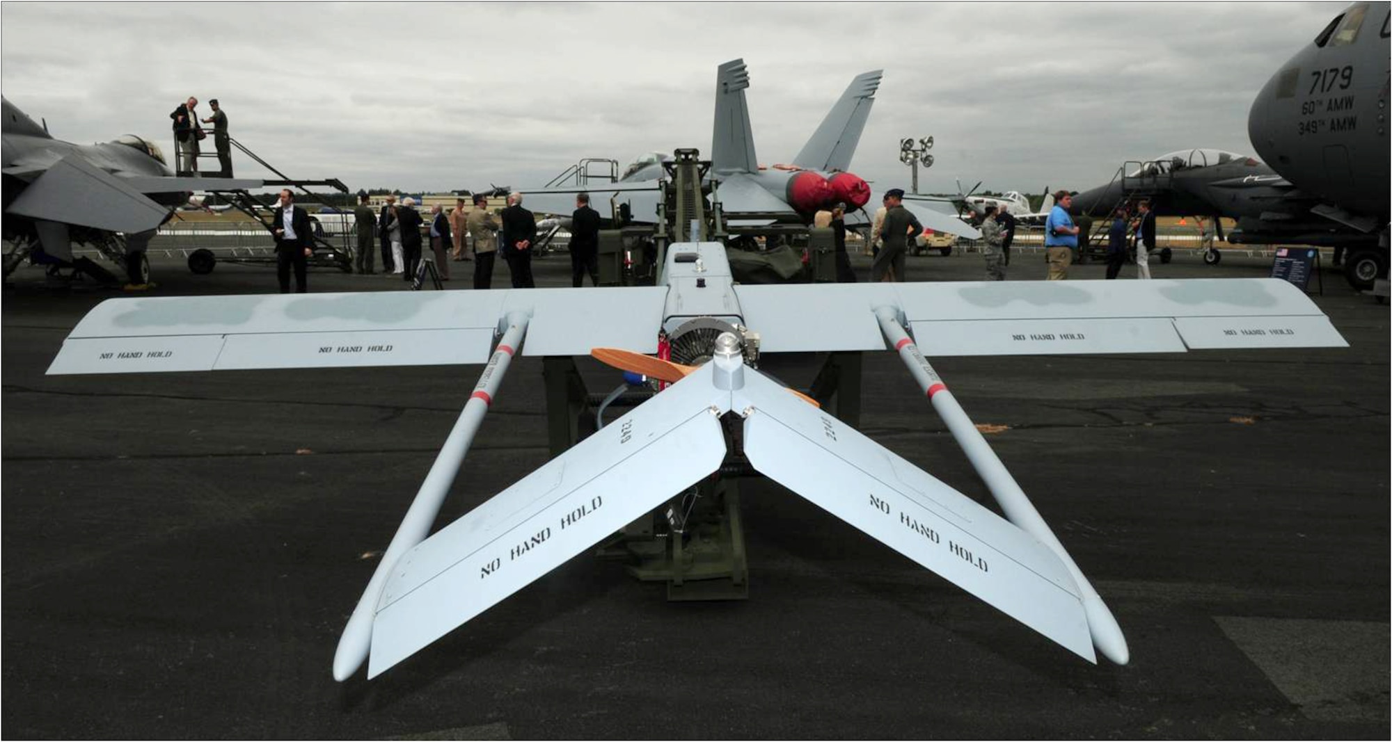 FARNBOROUGH, United Kingdom -- An Army RQ-7B Shadow sits on a launcher at the Farnborough Aerodrome July 18.  The static display is part of the U.S. Armed Forces participation in the 2010 Farnborough International Air Show which runs July 19-25.  The static display is part of the U.S. Armed Forces participation in the 2010 Farnborough International Air Show, which runs July 19-25, 2010. (U.S. Air Force photo/Staff Sgt. Heather M. Norris)
