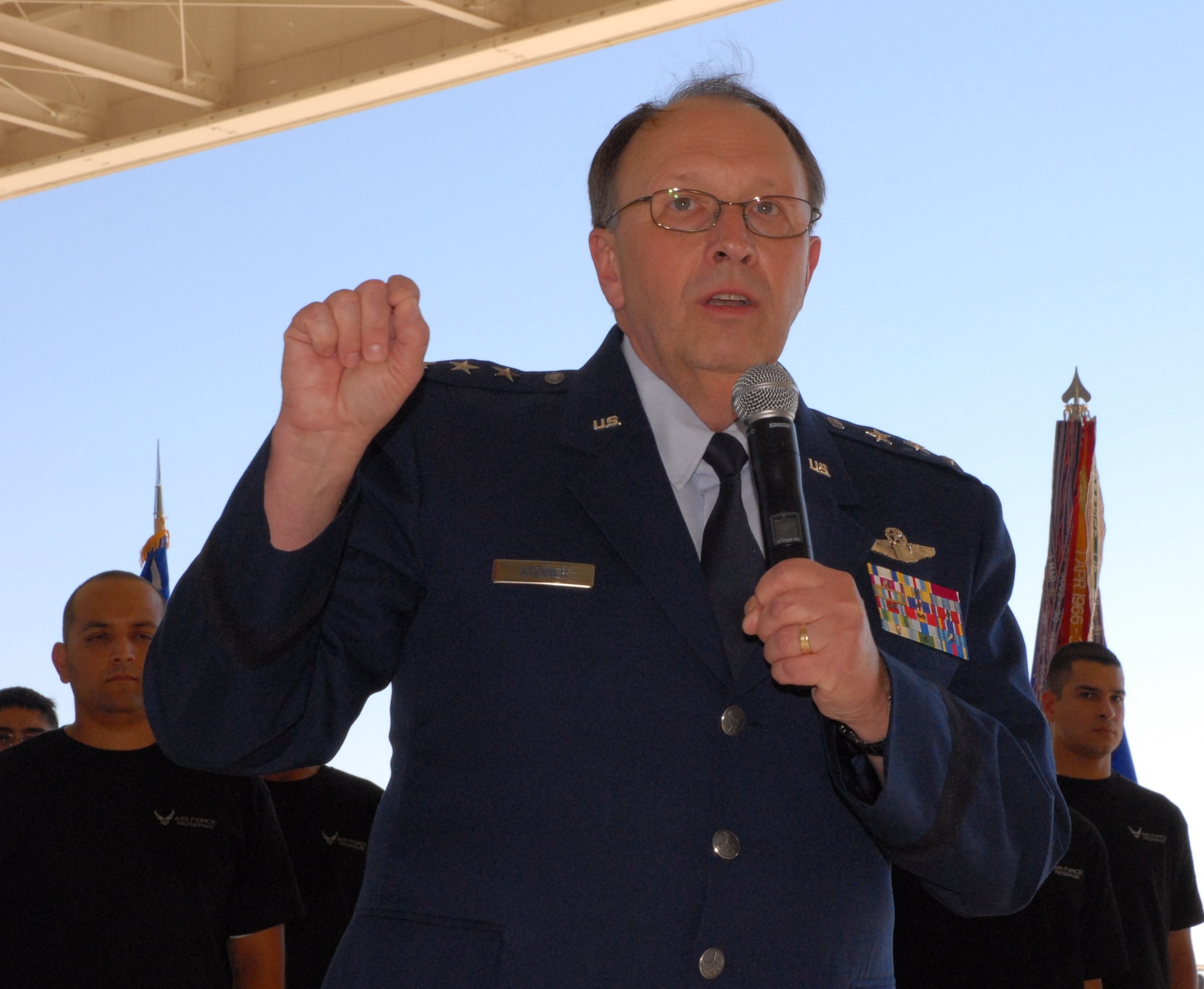 Lt. Gen. Charles E. Stenner, AFRC Commander, spoke to the parents of 14 newly enlisted members about the significance of their children's decision.
