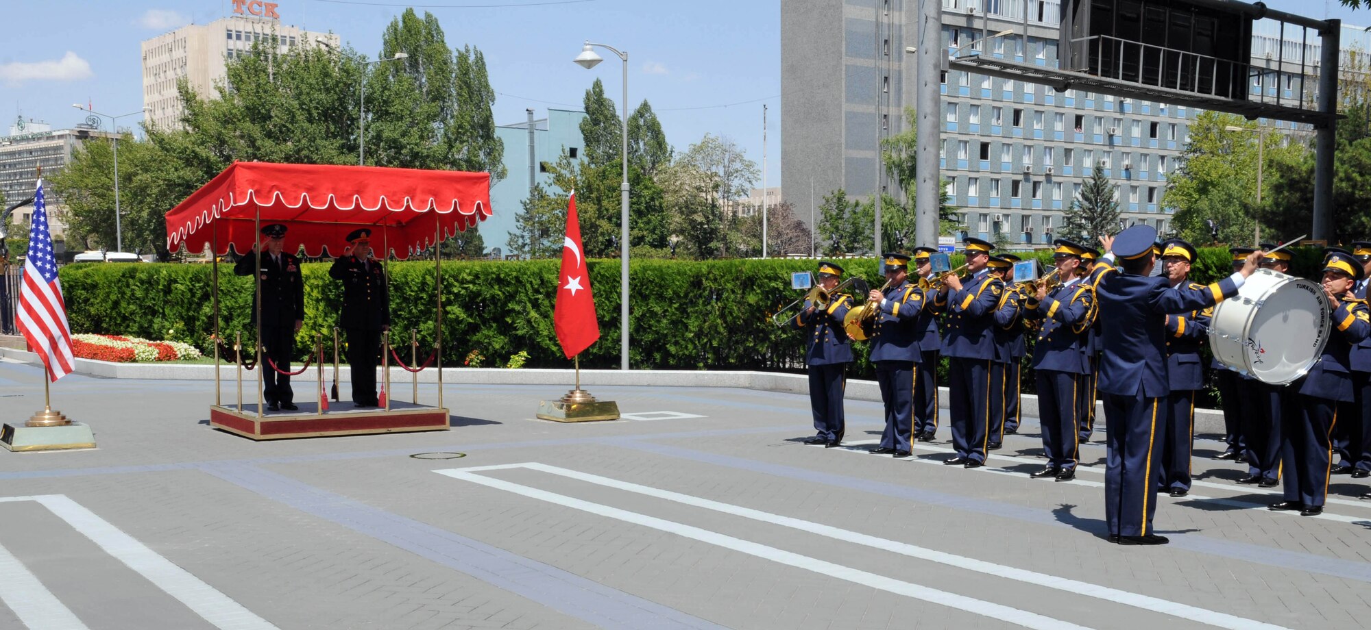 Air Force Chief of Staff Gen. Norton Schwartz and Gen. Hasan Aksay, commander of the Turkish air force, salute during a welcome ceremony at the Turkish air force headquarters July 19, 2010, in Ankara, Turkey. The ceremony welcomed General Schwartz for his multi-day visit to Turkey. A Turkish military band played the U.S. and Turkish national anthems during the ceremony. (U.S. Air Force photo/Senior Airman Ashley Wood)