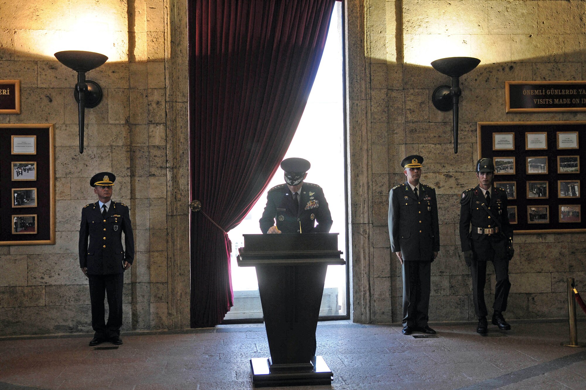 Air Force Chief of Staff Gen. Norton A. Schwartz writes a message in a visitor's log at Anitkabir, a memorial and mausoleum in Ankara, Turkey, honoring Mustafa Kemal Ataturk, the founder of the Republic of Turkey.  During the visit to the memorial July 19, 2010, General Schwartz and his wife Suzie participated in a wreath-laying ceremony along with Airmen stationed in Ankara. The ceremony was the first event during General Schwartz's multi-day visit to Turkey. (U.S. Air Force photo/Senior Airman Ashley Wood)