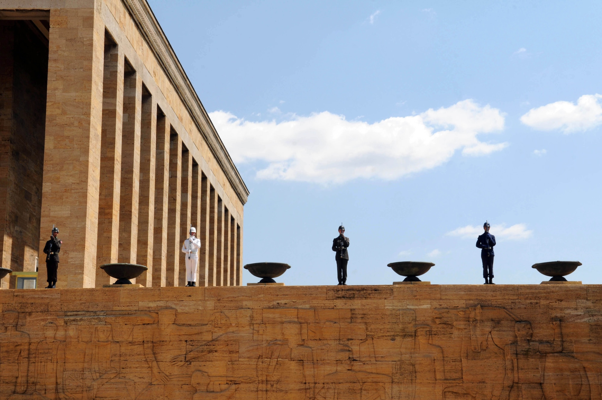 Turkish servicemembers stand guard and overlook Anitkabir, a memorial and mausoleum in Ankara, Turkey, honoring Mustafa Kemal Ataturk, the founder of the Republic of Turkey.  During a visit to the memorial July 19, 2010, Air Force Chief of Staff Gen. Norton Schwartz and his wife Suzie participated in a wreath-laying ceremony along with Airmen stationed in Ankara. The ceremony was the first event during General Schwartz's multi-day visit to Turkey. (U.S. Air Force photo/Senior Airman Ashley Wood)