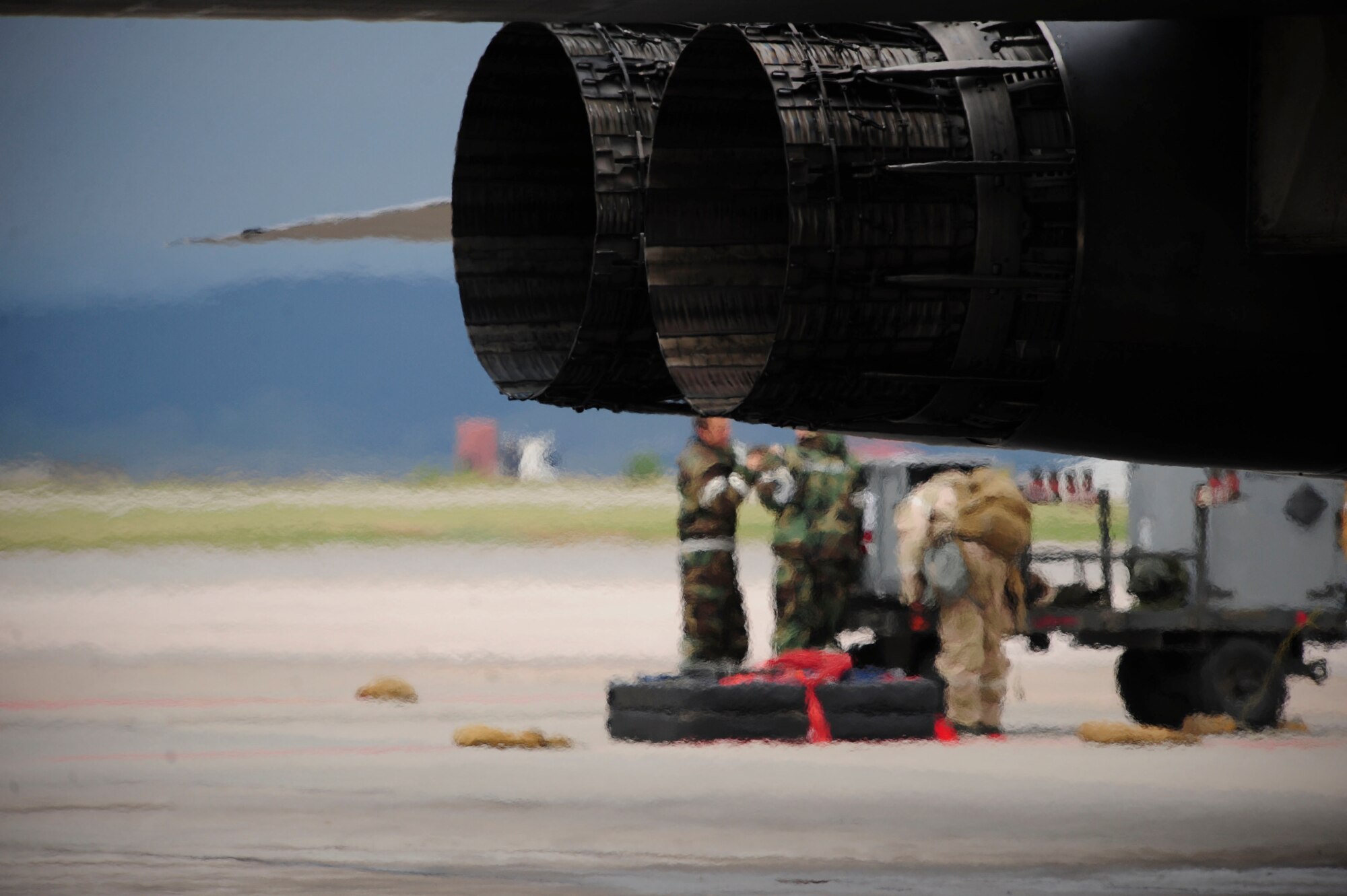 ELLSWORTH AIR FORCE BASE, S.D. – A B-1B Lancer idles during the phase II operational readiness exercise, July 21. A B-1B Lancer has a thrust of more than 30,000 pounds with afterburner per engine. (U.S. Air Force photo/Airman 1st Class Corey Hook)
