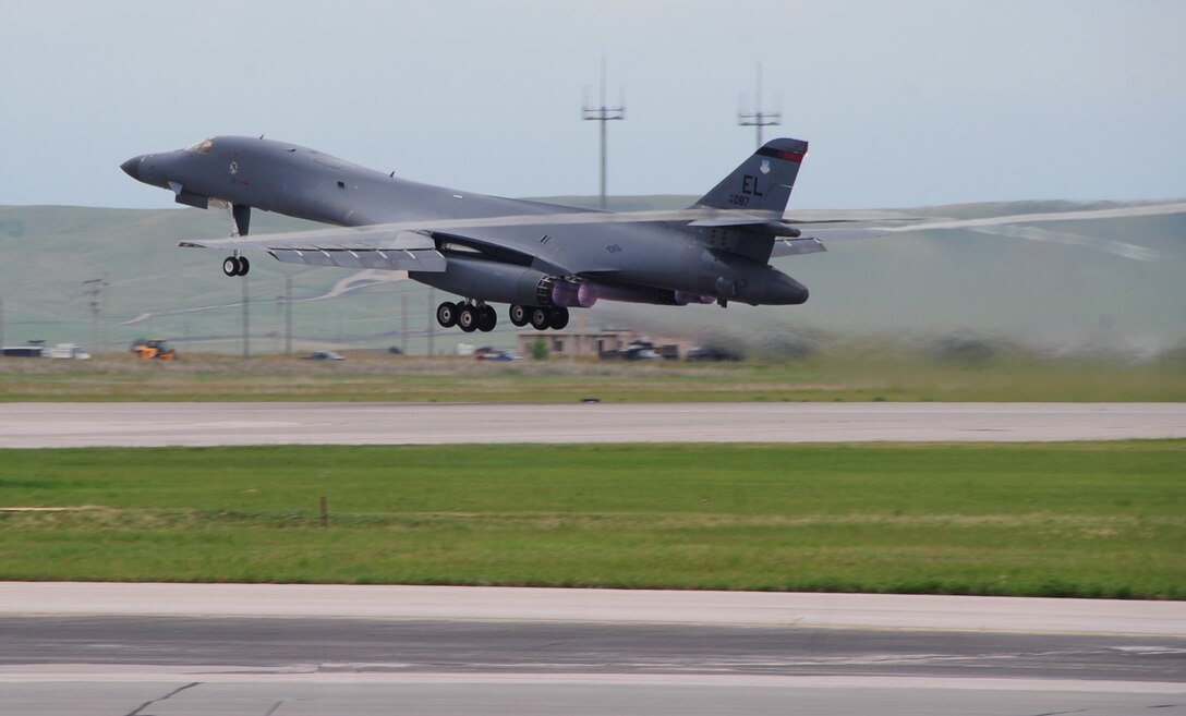 ELLSWORTH AIR FORCE BASE S.D. -- A B-1B Lancer takes off during a phase II operational readiness exercise, July 21. The B-1's speed and superior handling characteristics allow it to seamlessly integrate in a variety of environments. (U.S. Air Force photo/Airman 1st Class Anthony Sanchelli)