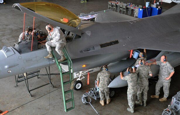 Students perform a fuels landing gear inspection during the F-16 Aircraft Maintenance Apprentice Course in Hangar 1040 at Sheppard Air Force Base, Texas, July 16. The students train for 58 academic days at Sheppard before going to Luke AFB, Ariz., to complete their training. The course at Sheppard lays the foundation for all Air Force F-16 maintainers on the general skills needed to work on a flightline and maintain fighter aircrafts. (U.S. Air Force photo/Tech. Sgt. Vernon Cunningham)