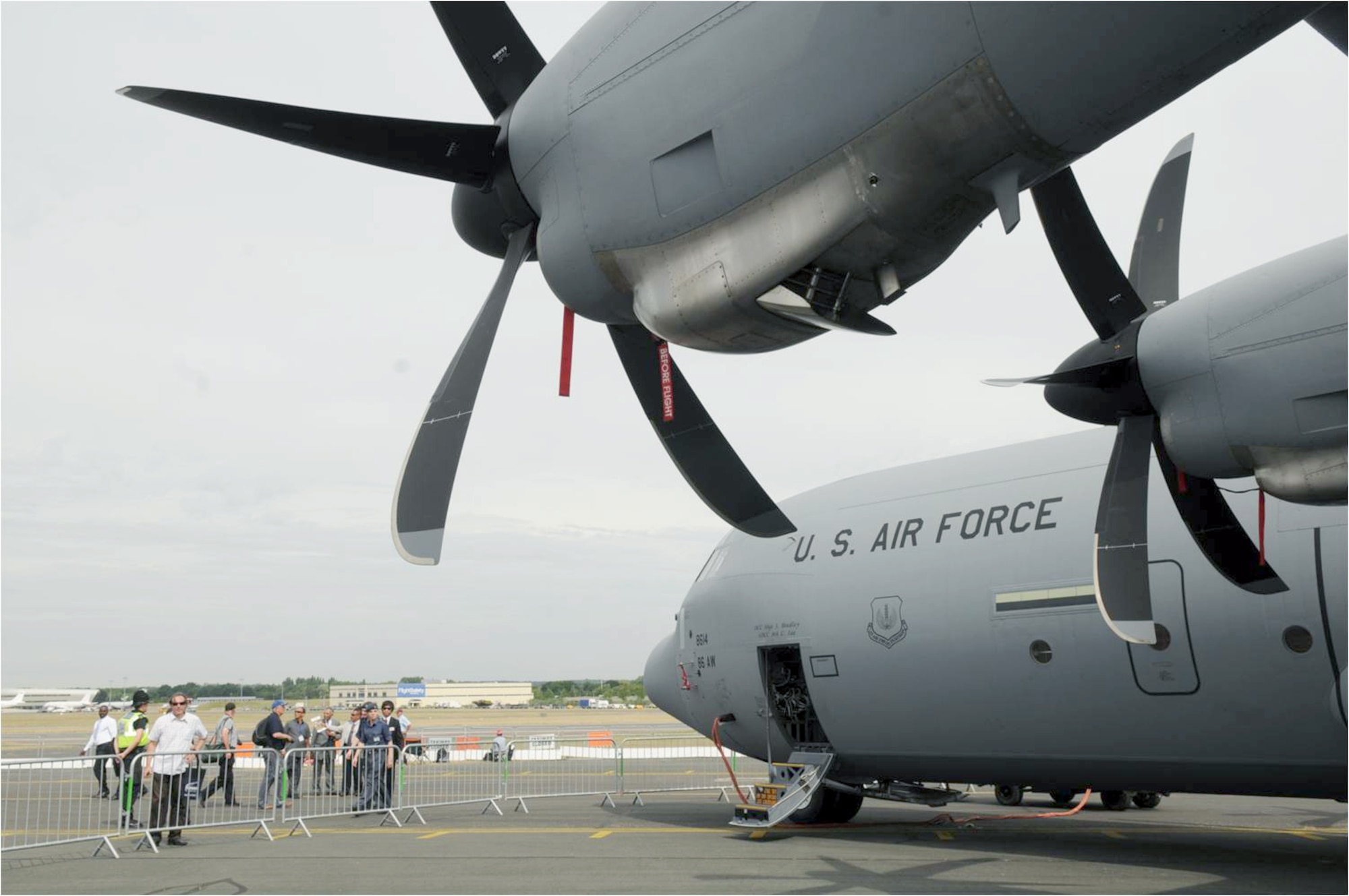 Spectators view a C-130J Super Hercules from Ramstein Air Base, Germany, at the 2010 Farnborough International Air Show July 20, 2010, in Farnborough, England. (U.S. Air Force photo/Staff Sgt. Heather M. Norris)