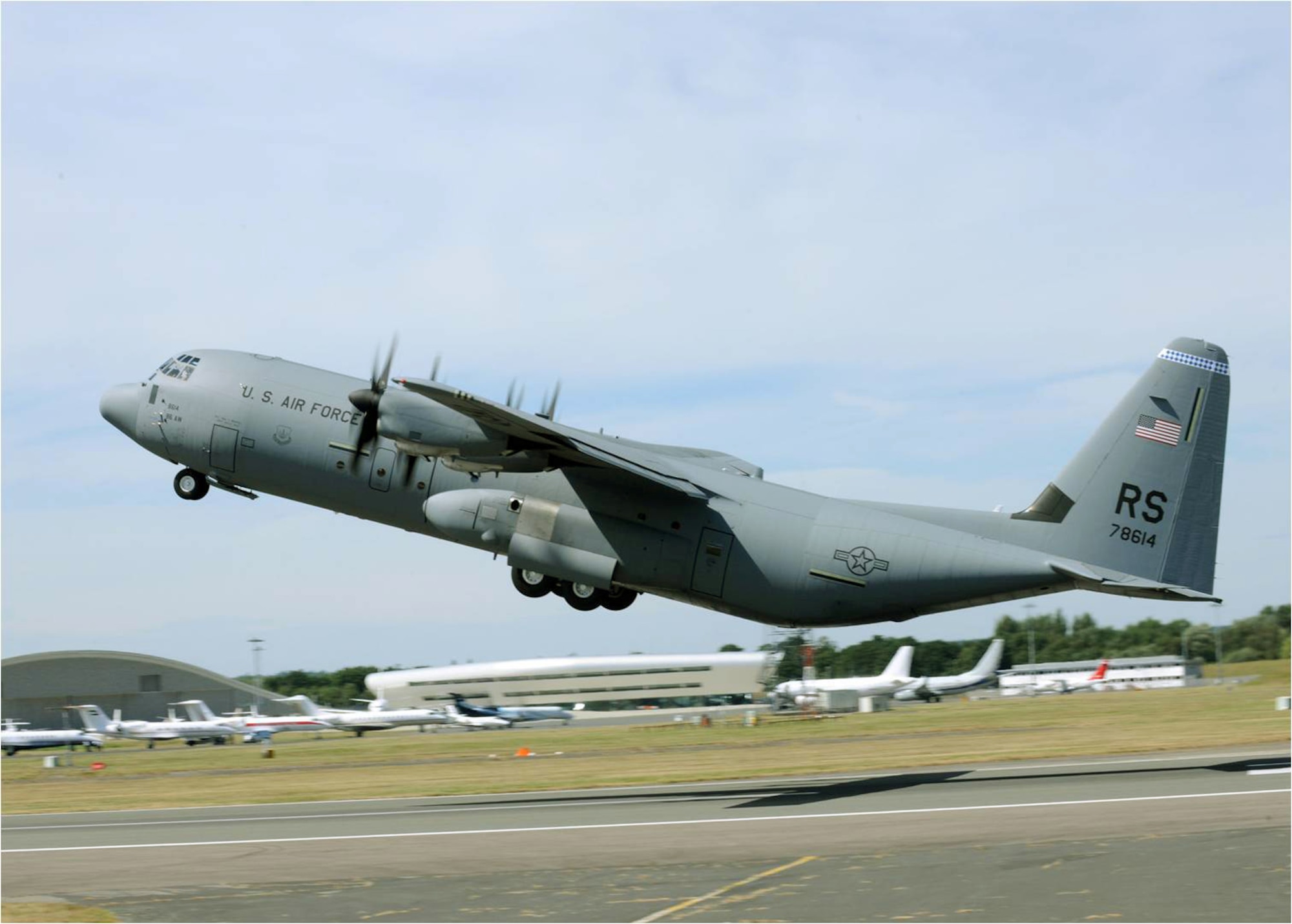 A C-130J Super Hercules takes off from the Farnborough Aerodrome runway July 19, 2010, in Farnborough, England. (U.S. Air Force photo/Staff Sgt. Jerry Fleshman) 