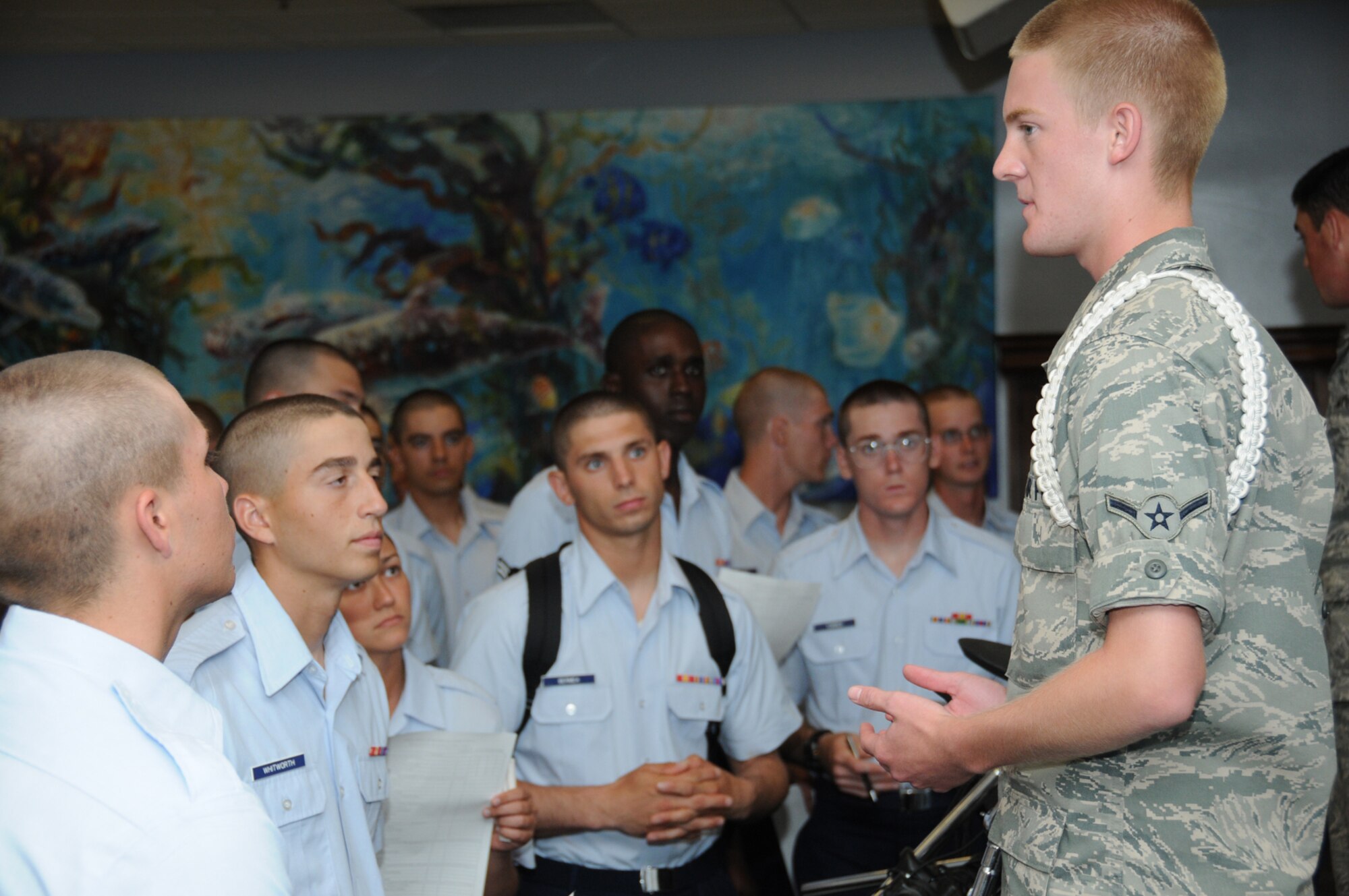 Airman Benjamin Quade, a student in the 332nd TRS, tells new students about the opportunities in being a “white rope” chaplain’s assistant.  (U.S. Air Force photo by Kemberly Groue)
