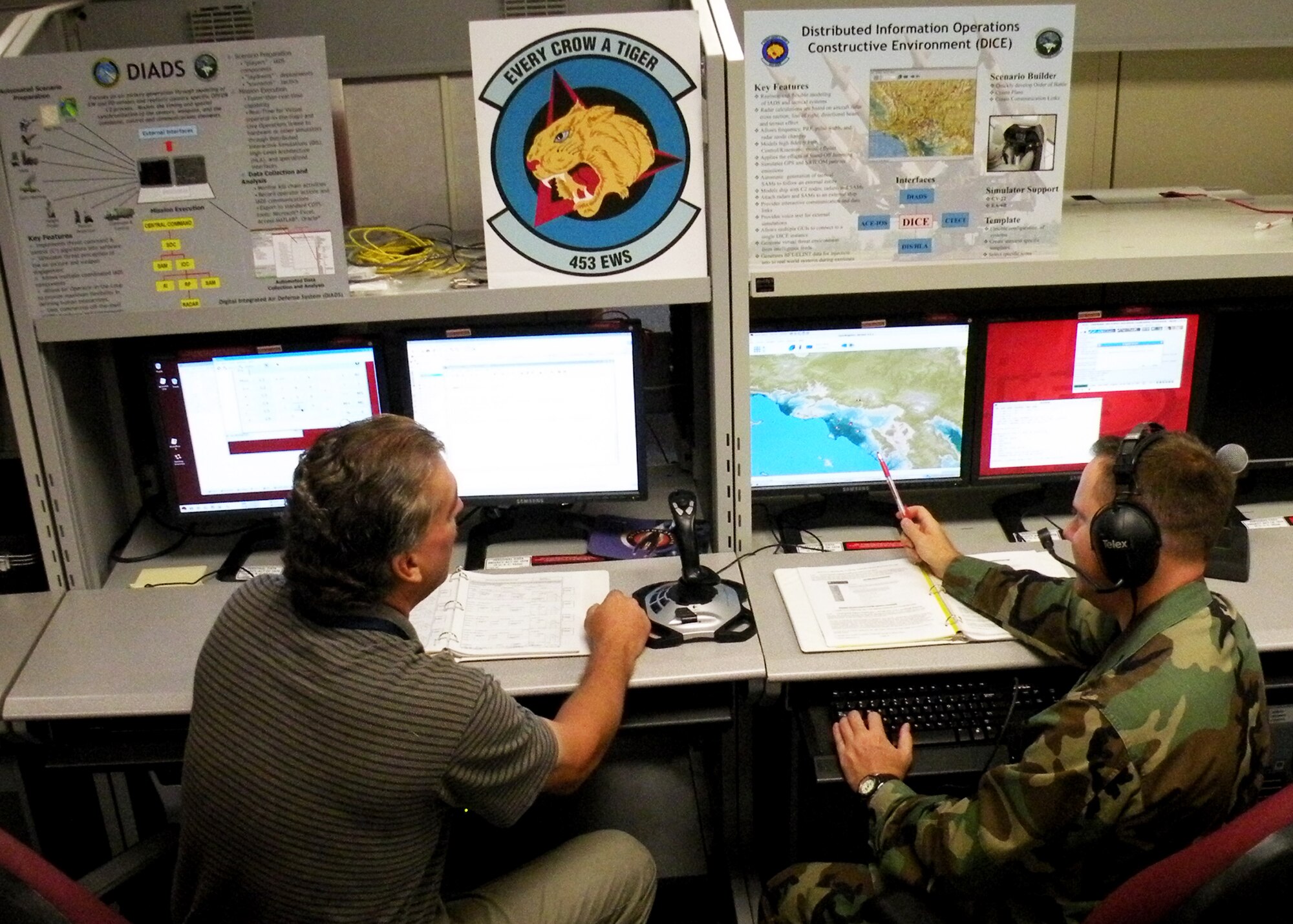 Members of the 453rd Electronic Warfare Squadron provide assistance during Virtual Flag. The squadron’s mission is providing timely, tailored and vigilant electronic warfare analysis and support down range to joint and coalition warfighters.  The squadron, located at Lackland Air Force Base, Texas, is part of the 53rd Wing headquartered at Eglin. (Courtesy Photo)
