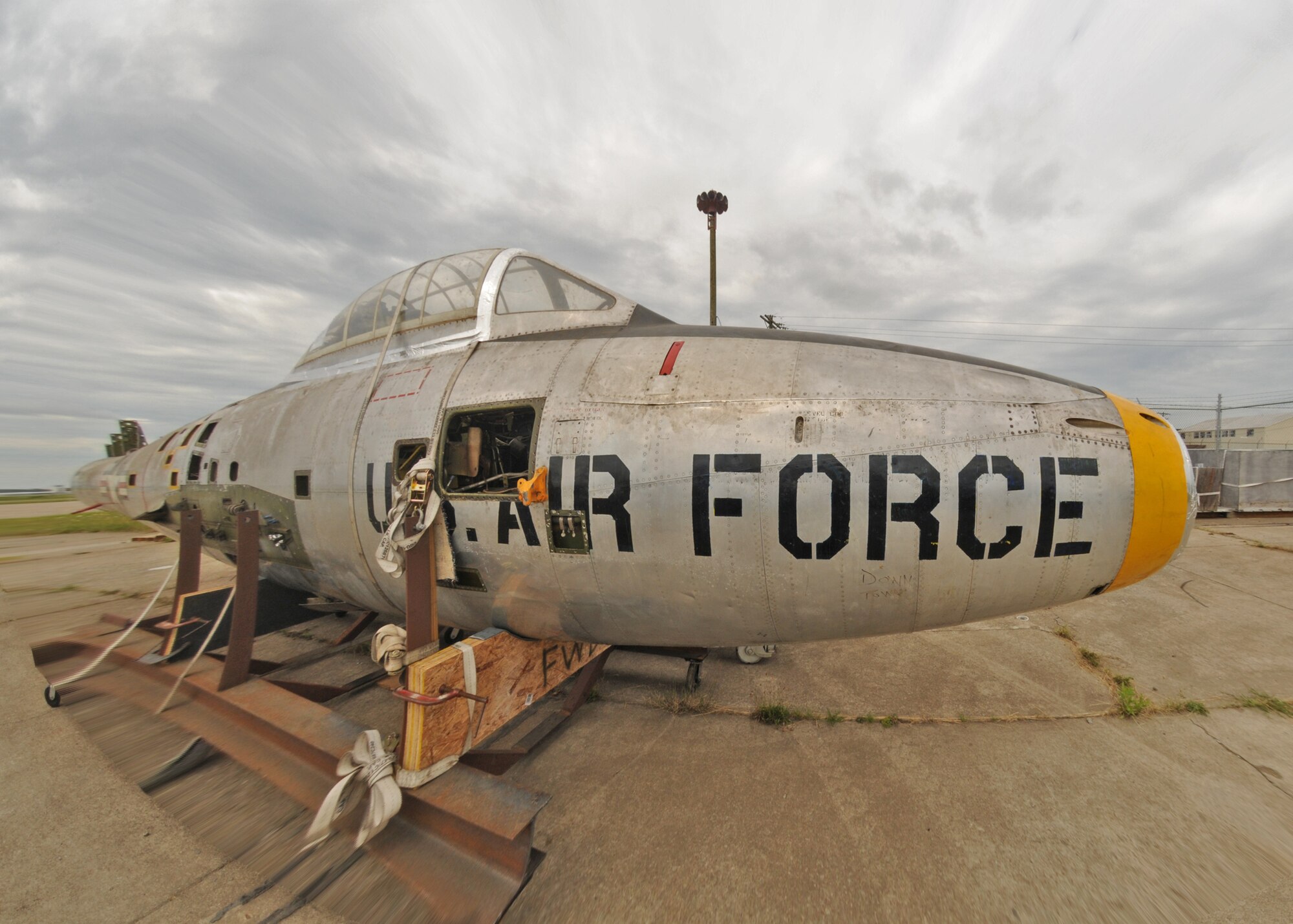 Two vintage aircraft an F-86 Sabre and F-94 Starfire are being prepped for a final flight July 20, 2010, Niagara Falls Air Reserve Station, Niagara Falls, NY. Although the aircraft are no longer in flying condition they will be flown aboard a cargo aircraft to their final destination at the Robbins Air Force base in Georgia. (U.S. Air Force photo by Staff Sgt. Joseph McKee)