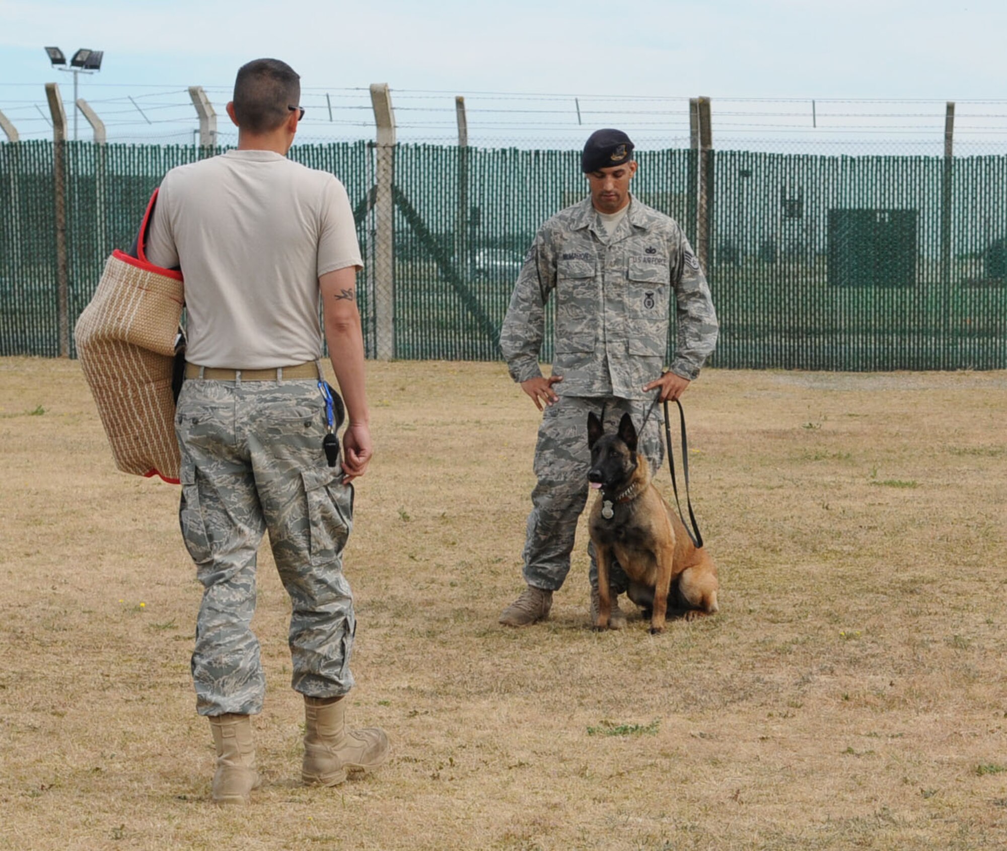 RAF MILDENHALL, England -- Military Working Dog Vvonya is held back by her handler Staff Sgt. Raymond McMahon, 100th Security Forces Squadron, as she sits alert and ready to react should the "bad guy," Staff Sgt. Philip Bradt, also 100th SFS, make any wrong moves during a training session July 9. Training is done daily to help hone the dog's reactions and to make sure she responds when and how she's supposed to. (U.S. Air Force photo/Karen Abeyasekere)