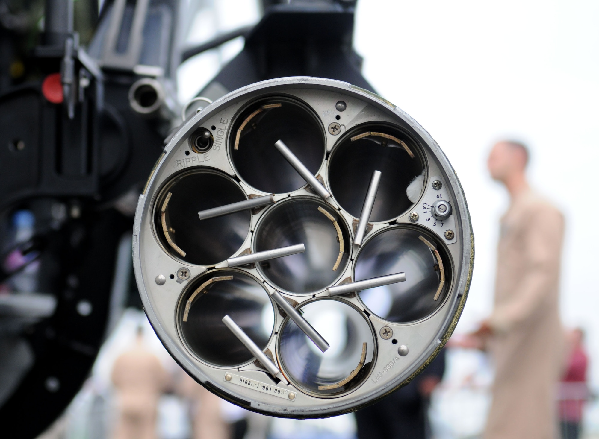 FARNBOROUGH, United Kingdom – Empty LAU Rocket Pods attached to the UH-1Y Venom are on display from the Light Attack Helicopter Squadron 367 (HMLA 367), Camp Pendleton, California, at the Farnborough International Air Show July 20. This true utility helicopter is accompanied by a team of Marines joined by approximately 70 other aircrew and support personnel from bases in Europe and the United States. (U.S. Air Force photo/Staff Sgt. Jerry Fleshman)