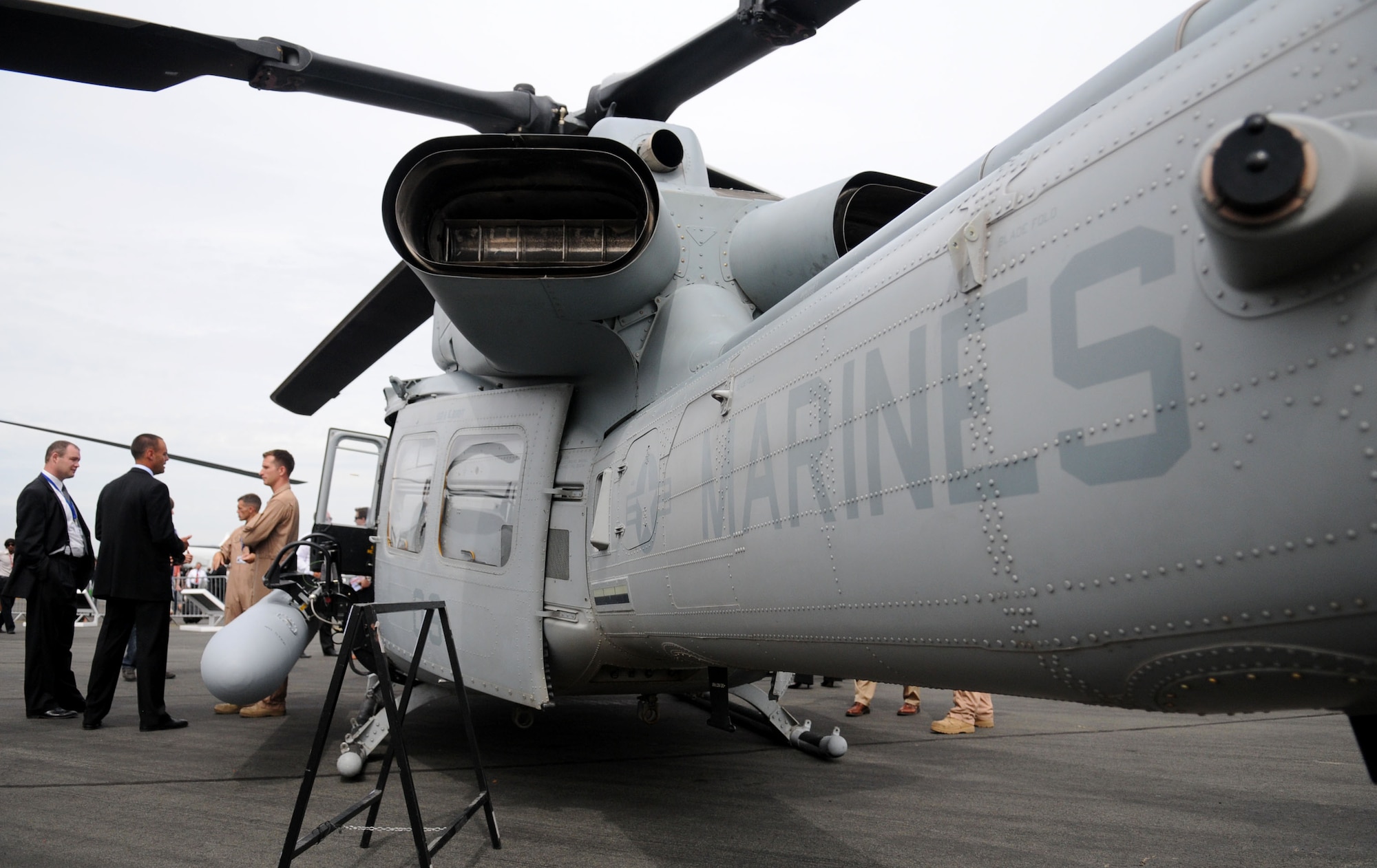 FARNBOROUGH, United Kingdom – Marines from the Light Attack Helicopter Squadron 367 (HMLA 367), Camp Pendleton, California, display the UH-1Y Venom at the Farnborough International Air Show July 20. The UH-1Y was introduced in 2008 and is known as a true utility helicopter that meets many mission requirements including command and control, escort, reconnaissance, troop transport, medical evacuation and close air support. The team of ten Marines joined approximately 70 other aircrew and support personnel from bases in Europe and the United States to participate in this global iconic event. (U.S. Air Force photo/Staff Sgt. Jerry Fleshman)