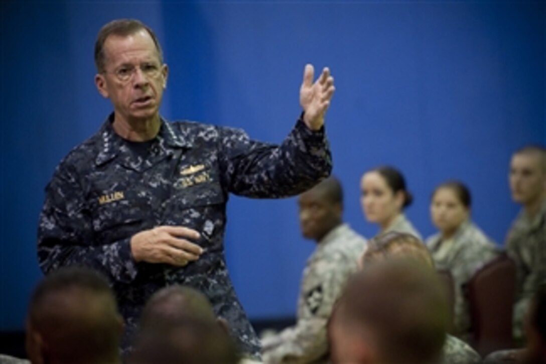 Chairman of the Joint Chiefs of Staff Adm. Mike Mullen, U.S. Navy, answers questions during an all hands call with soldiers assigned to the 2nd Infantry Division stationed at U.S. Army Garrison Red Cloud, Republic of Korea on July 21, 2010.  Mullen is in Korea with Secretary of Defense Robert M. Gates and Secretary of State Hillary Clinton to participate in counterpart talks underscoring the alliance between the two nations.  