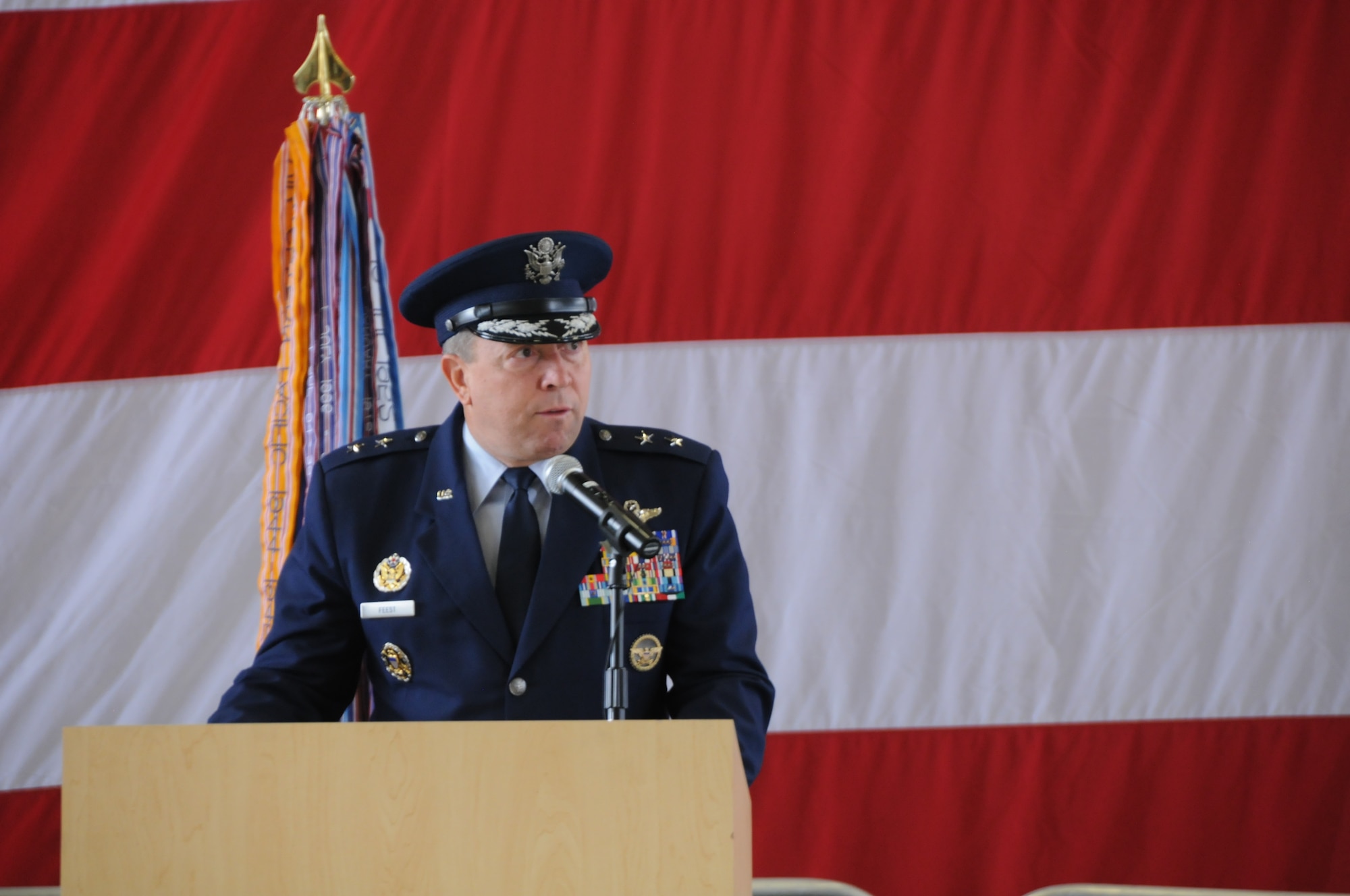 Maj. Gen. Gregory A. Feest, 19th Air Force commander, presided over the 58th Special Operations Wing change of command July 15 in Hangar 1000.  U.S. Air Force Photo by Todd Berenger