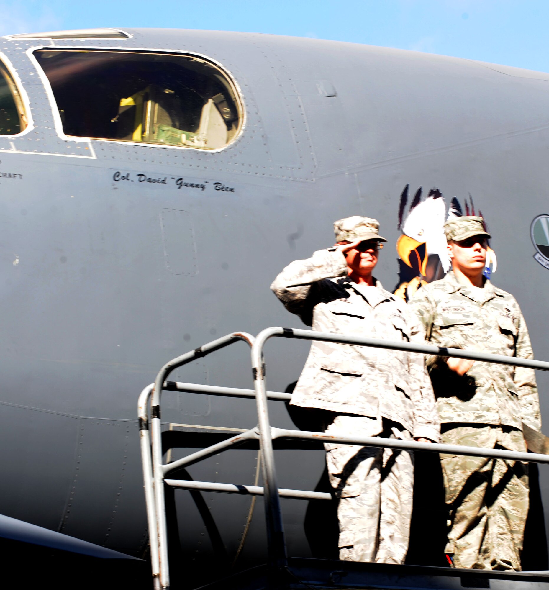DYESS AIR FORCE BASE, Texas-- Members of the 7th Bomb Wing welcome Col. David Been, the incoming commander, by unveiling his name on the static B-1 display during the change of command ceremony here July 22. Colonel Been joins the bomb wing after returniing from his tour as the commander of the 379th Expeditionary Operations Group in Southwest Asia. (U.S.Air Force photo/Chelsea Cummings) 