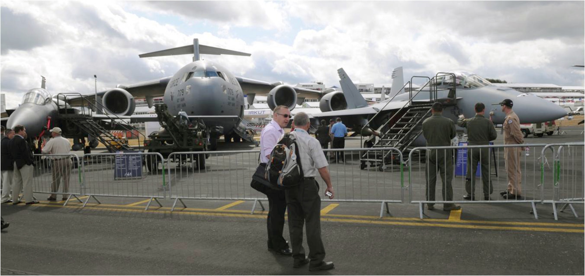 The view from the top of a C-17 Globemaster III from Travis Air Force Base, Calif., overlooks the U.S. static display coral July 20, 2010, in Farnborough, England. Eleven U.S. military aircraft and approximately 70 personnel representing all branches of service participate in the 2010 Farnborough International Air Show. (U.S. Air Force photo/Staff Sgt. Jerry Fleshman)
