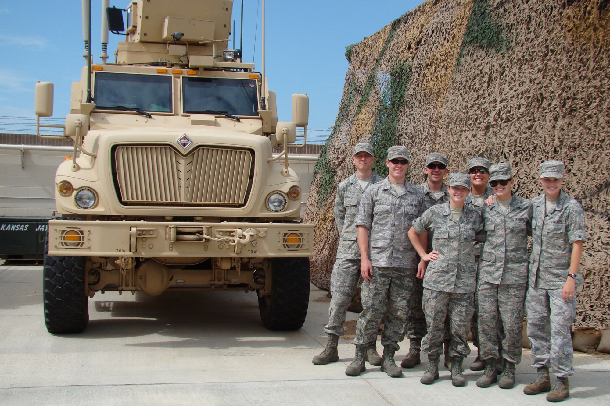 U.S. Air Force Academy cadets visiting Smoky Hill Air National Guard Range on July 21 received a demonstration of the 284th Air Support Operations Squadron’s equipment.  Mine Resistant Ambush Protected vehicles like the one pictured have saved numerous service members from death or injury by Improvised Explosive Devices.