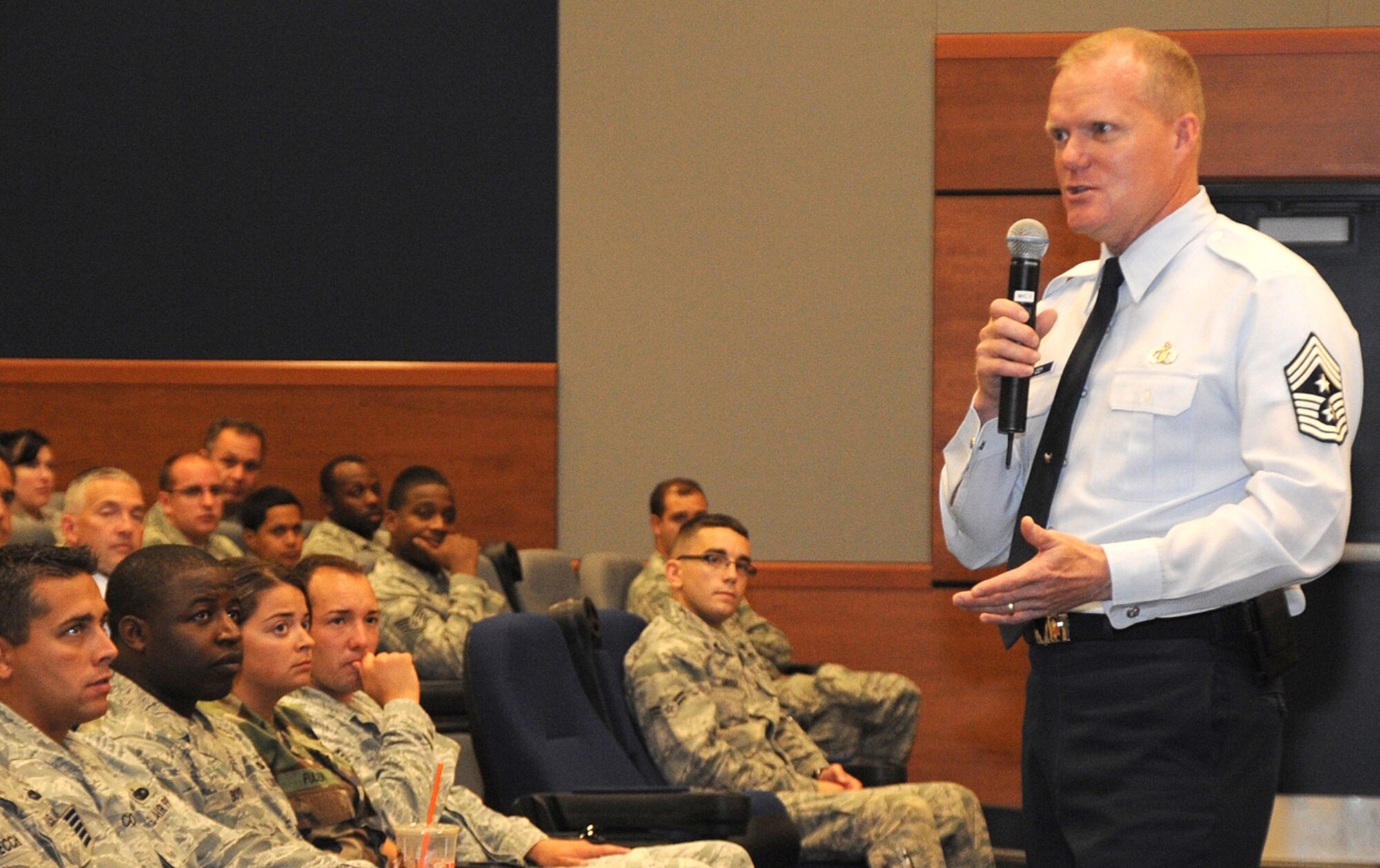 Chief Master Sgt. Jim Cody, 18th Air Force command chief, shares his leadership philosophy and answers questions at an Enlisted Call in the McGuire Theater Monday. Airmen of various ranks took the opportunity to ask Cody questions on topics ranging from fitness to social media. (U.S. Air Force photo/Senior Airman David Carbajal)