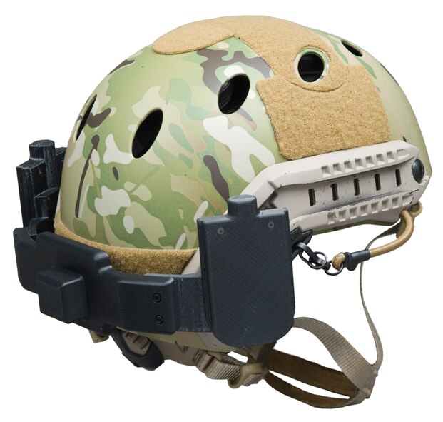 AFRL Small Business Innovation Research contractor Appareo Systems developed this Head Attitude Tracking System (HATS) to provide warfighters with reliable heading reference in any outdoor environment.  Pictured is a backside view of the HATS helmet with attached headset. 
(Air Force photo)
