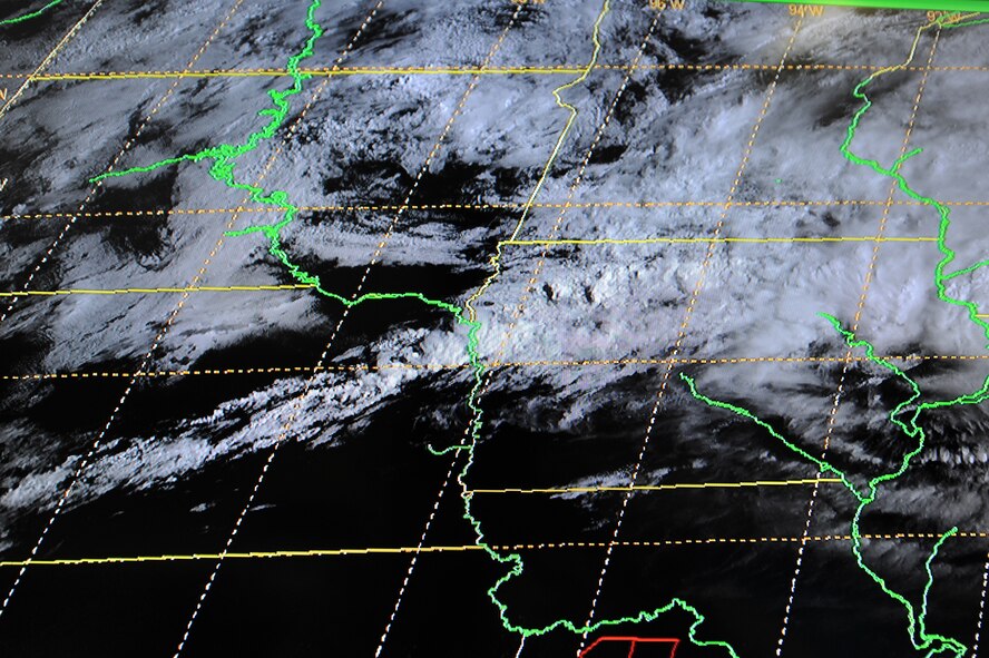 WHITEMAN AIR FORCE BASE, Mo. - a storm moves through the central United States, possibly in the flight path of Whiteman's departing and arriving air traffic.  Team Whiteman weather forecasters keep a close eye on radar and satellite images of the local area as well as around the globe.(U.S. Air Force photo by Senior Airman Carlin Leslie)
