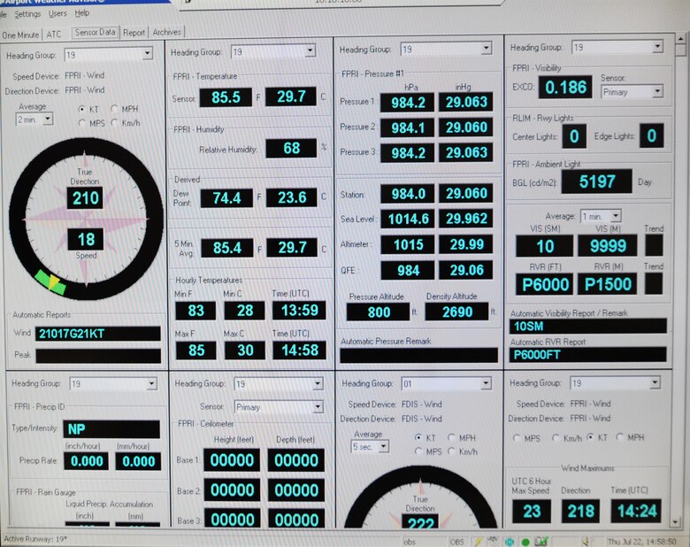 WHITEMAN AIR FORCE BASE, Mo. -- Current weather readings are taken from sensors at vaious places on the flight line and displayed at base operations. Wind direction and speed is vital information to arriving and departing aircraft.(U.S. Air Force photo by Senior Airman Carlin Leslie)
