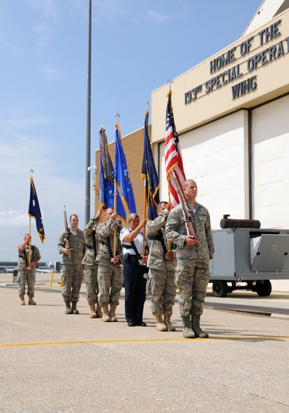 Members of the 193rd Special Operations Wing?s base Honor Guard?s color guard rehearse along the flight line as they prepare for an upcoming military funeral. The Honor Guard is called upon to support several events a year including parades, retirements and funerals. 