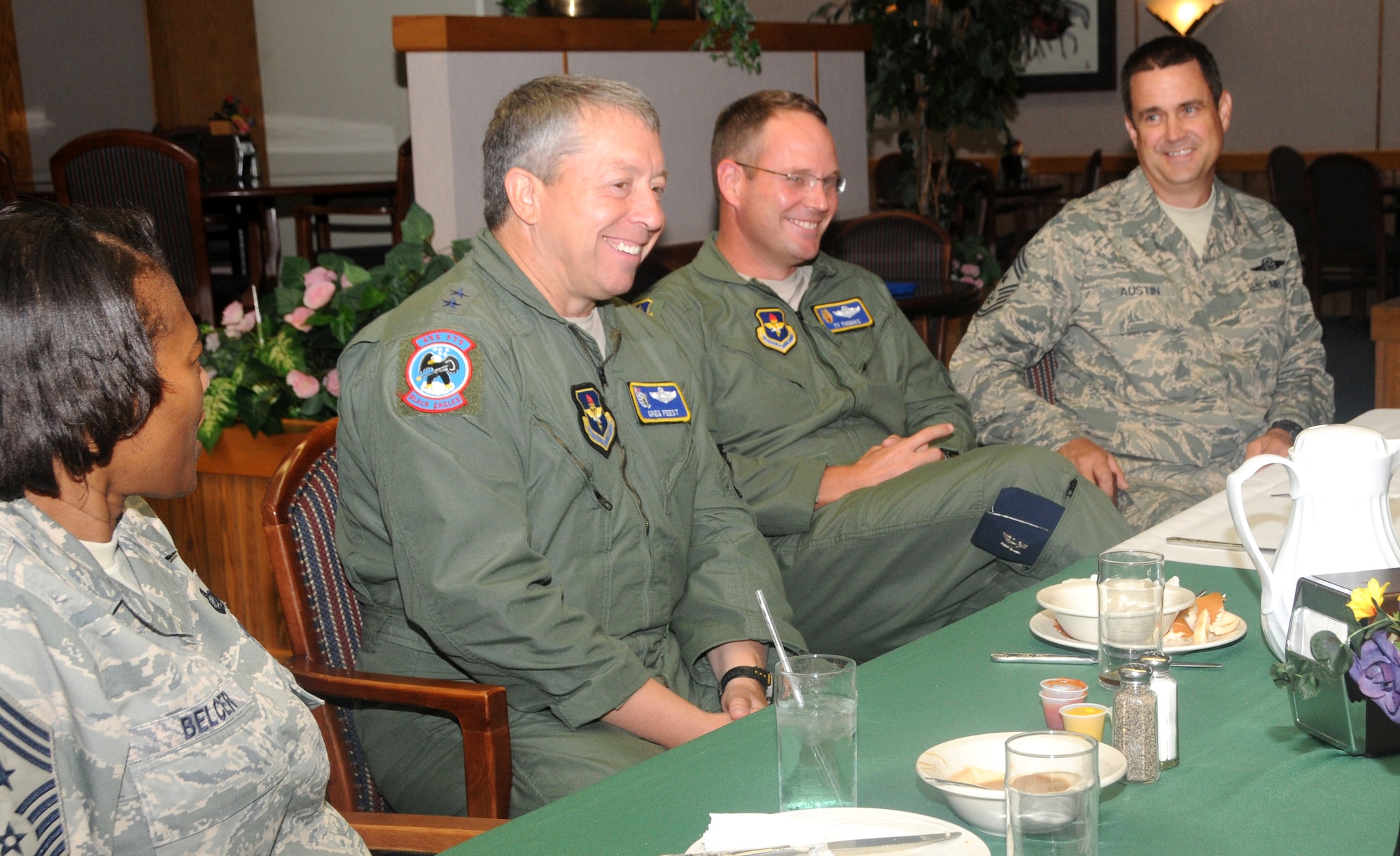 ALTUS AIR FORCE BASE, Okla.-- From left to right- Chief Master Sgt. Bernise  Belcer, 19th Air Force Command Chief, Major Gen.  Gregory A. Feest, 19th Air Force Commander, Col Ty Thomas, 97th Air Mobility Wing Commander and Chief Master Sgt. Robert Austin, 97th AMW Command Chief, answer questions during an Airmen’s luncheon July 8. General Feest spoke at the luncheon then answered questions from the Airmen present. (U.S. Air Force photo / Senior Airman Cherice Bryant / Released / 97th Air Mobility Wing Public Affairs) 
