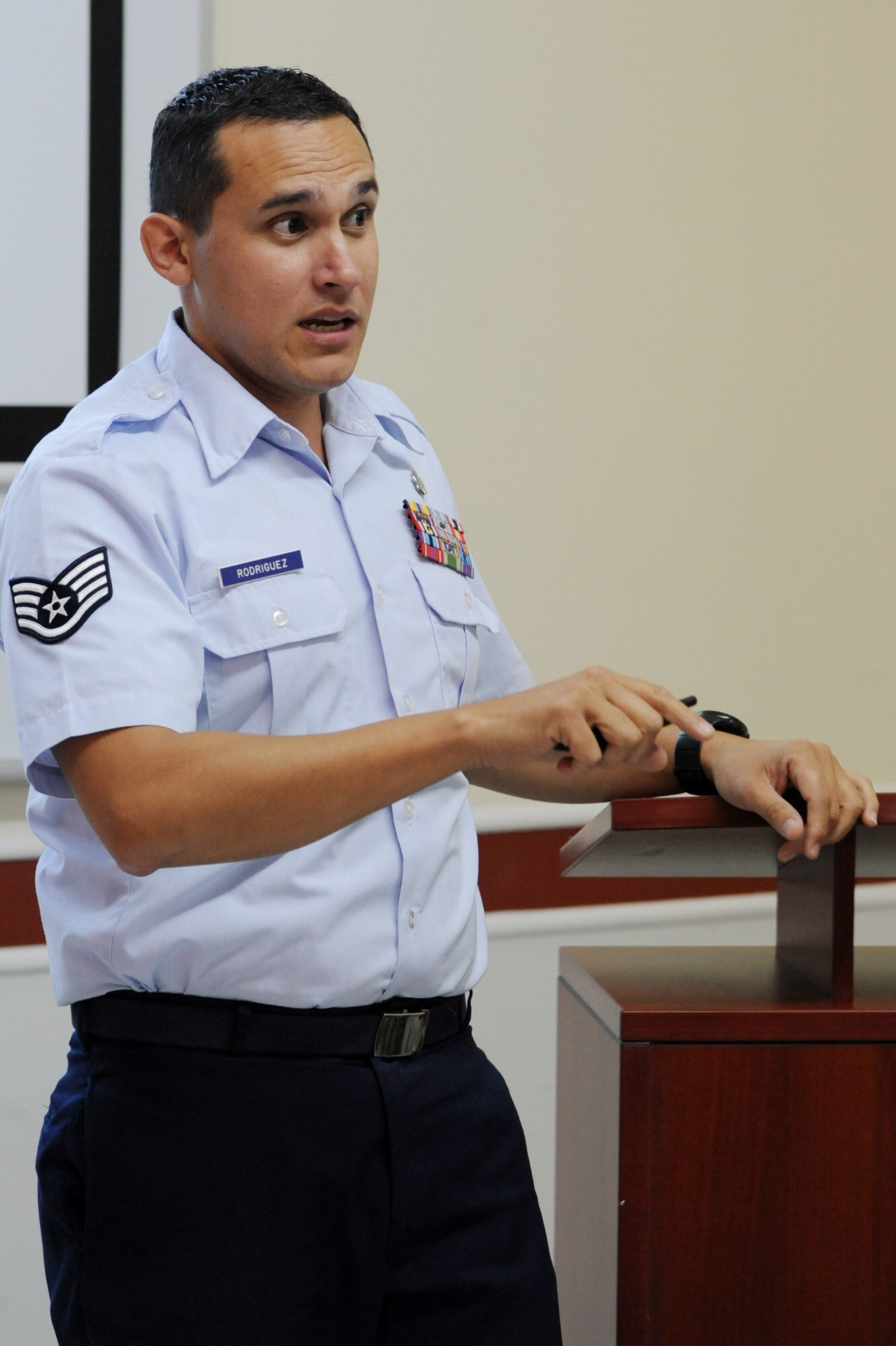 Staff Sgt. Abraham Rodriguez teaches a disaster planning and mass casualty response class for primary care providers July 21, 2010, in Port of Spain, Trinidad and Tobago. Sergeant Rodriguez is the NCO in charge of the Defense Institute for Medical Operations, United States Air Force School of Aerospace Medicine, at Brooks City-Base, Texas. (U.S. Air Force photo/Staff Sgt. Desiree N. Palacios)