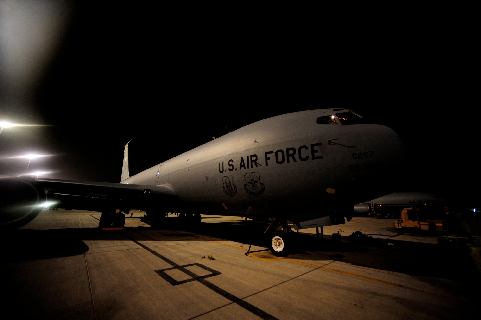 A U.S. Air Force KC-135 Stratotanker, assigned to the 340th Expeditionary Air Refueling Squadron, parks on the flightline at a base in Southwest Asia on July 8, 2010. Coalition tankers have flown greater than 6,000 sorties, offloaded greater than 400 million pounds of fuel and refueled nearly 33,000 aircraft as of June 30, 2010. (U.S. Air Force photo by Staff Sgt. Andy M. Kin / Released)