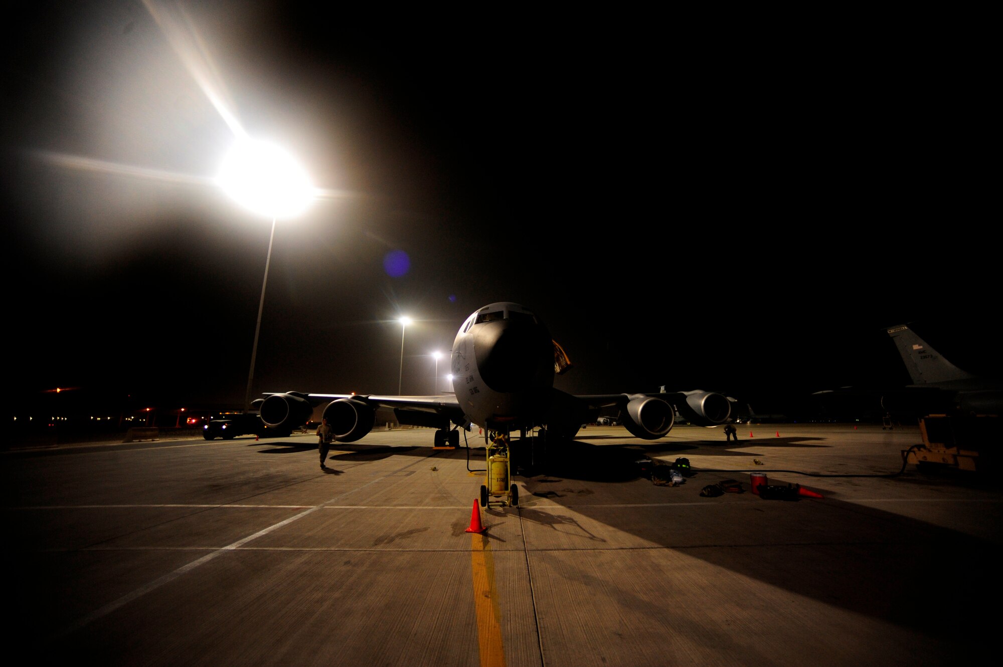 A U.S. Air Force KC-135 Stratotanker, assigned to the 340th Expeditionary Air Refueling Squadron, parks on the flightline at a base in Southwest Asia on July 8, 2010. Coalition tankers have flown greater than 6,000 sorties, offloaded greater than 400 million pounds of fuel and refueled nearly 33,000 aircraft as of June 30, 2010. (U.S. Air Force photo by Staff Sgt. Andy M. Kin / Released)