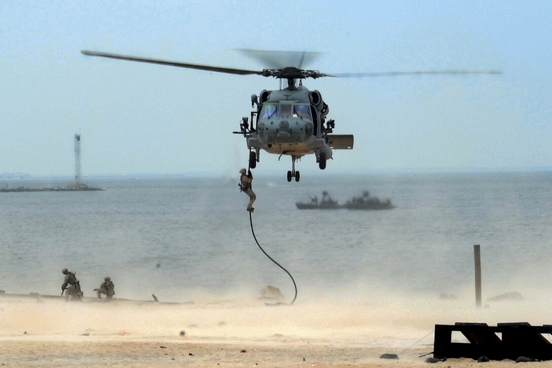 U.S. Navy SEALs fast rope from an HH-60H Seahawk helicopter during a capabilities exercise on Joint Expeditionary Base Little Creek-Fort Story in Virginia Beach, Va., July 17, 2010.