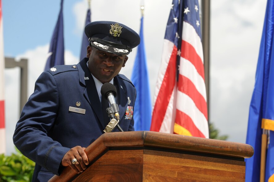 JOINT BASE PEARL HARBOR HICKAM, Hawaii – Lt. Col. Brian Hill speaks during the reactivation of the 96th Air Refueling Squadron ceremony here, 23 July. The 15th Wing reactivated the 96th ARS here at an assumption of command ceremony as a Total Force Integration active partnership with the Hawaii National Guard. Squadron responsibilities were assumed by Colonel Brian Hill, previously serving as the 15th Wing safety officer. (U.S. Air Force photo/Senior Airman Gustavo Gonzalez)