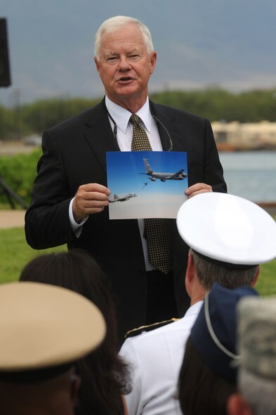 JOINT BASE PEARL HARBOR HICKAM, Hawaii – U.S. Navy (Ret.) Timothy Keading speaks during the reactivation of the 96th Air Refueling Squadron ceremony here, 23 July. The 15th Wing re-activated the 96th ARS here at an assumption of command ceremony as a Total Force Integration active partnership with the Hawaii National Guard. Squadron responsibilities were assumed by Lt. Col. Brian Hill, previously serving as the 15th Wing safety officer. (U.S. Air Force photo/Senior Airman Gustavo Gonzalez)