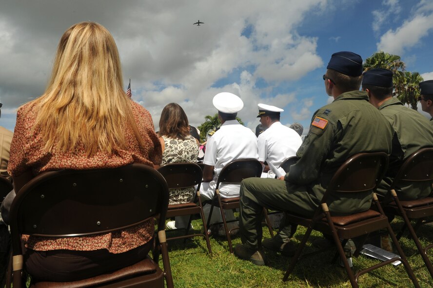 JOINT BASE PEARL HARBOR HICKAM, Hawaii – A KC-135 Stratotanker flys over Hickams Missing Man Formation during the reactivation of the 96th Air Refueling Squadron ceremony here, 23 July. The 15th Wing re-activated the 96th ARS here at an assumption of command ceremony as a Total Force Integration active partnership with the Hawaii National Guard. Squadron responsibilities were assumed by Lt. Col. Brian Hill, previously serving as the 15th Wing safety officer. (U.S. Air Force photo/Senior Airman Gustavo Gonzalez)