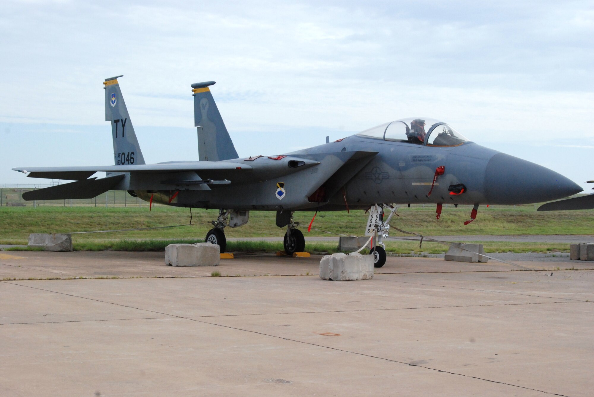 An F-15C is parked on the old Strategic Air Command ramp on Sheppard Air Force Base, Texas, July 23 after being altered to serve as a trainer for the 82nd Training Group and 782nd TRG F-15 courses. Sheppard acquired a total of 13 F-15s which were converted into trainers to update F-15 maintenance courses that used F-15A and F-15B models, which do not match the models currently used on operational flightlines.  (U.S. Air Force photo/Tech. Sgt. Vernon Cunningham)