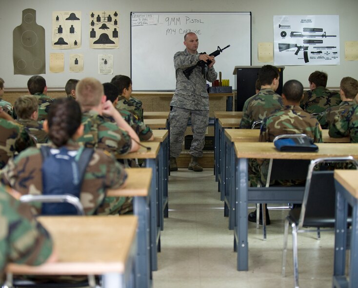 BARKSDALE AIR FORCE BASE, La. -- Tech. Sgt. Lee Thompson, 2d Security Forces Squadron, briefs several Civil Air Patrol cadets on the capabilities of the M-4 carbine rifle during a weapons demonstration July 22. The demonstration was part of the annual CAP Louisiana Wing Cadet Encampment held here from July 15-25. (U.S. Air Force photo by Senior Airman Chad Warren) (RELEASED)