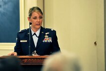 OFFUTT AIR FORCE BASE, Neb. - Lt. Col. Jenifer B.E. Warren, 55th Intelligence Support Squadron commander, speaks to the crowd during the 55th ISS Activation and Assumption of Command ceremony at the Patriot Club July 22. The 55th ISS was activated as a part of the 55th Operations Group as a support function for intelligence operations. U.S. Air Force photo by Charles Haymond 
