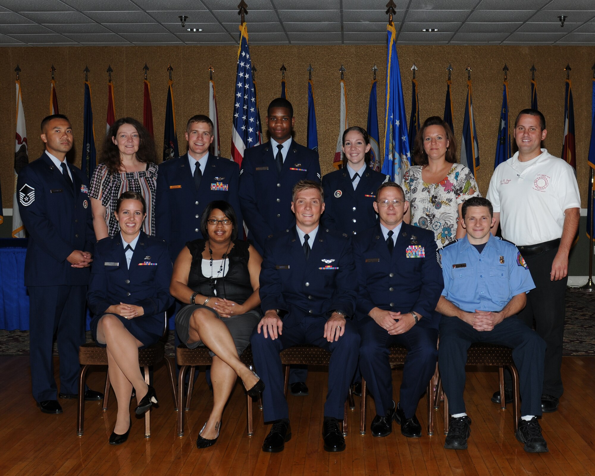 The winners of the latest 14th Flying Training Wing Quarterly Awards pose for a photo at the awards ceremony July 14 at the Columbus Club. (U.S. Air Force photo/Melissa Duncan). 
