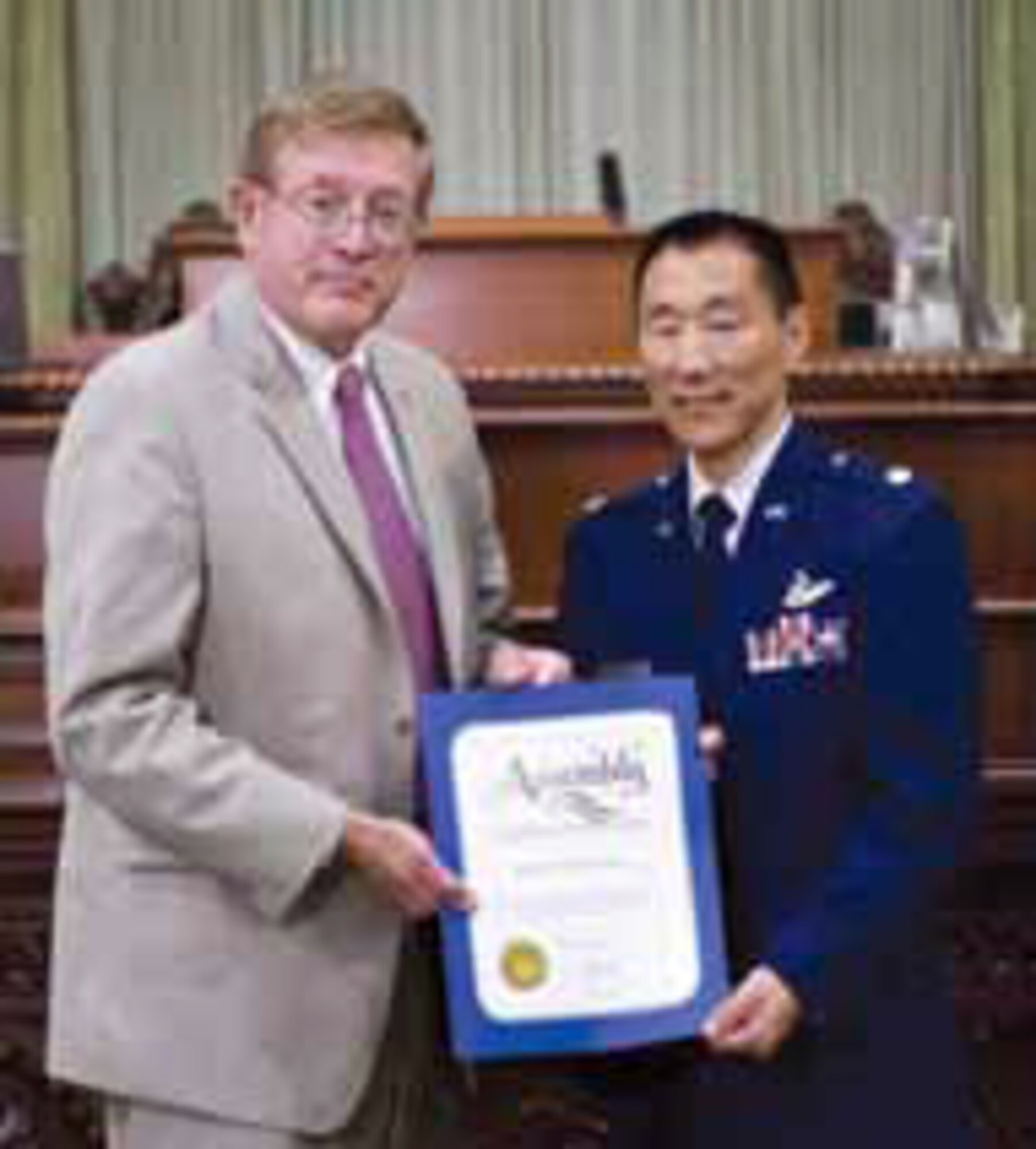 California Assemblyman Paul Cook, chair of the Assembly Committee on Veterans Affairs recently honored Lt. Col. Neil Kishi for his service at the Third Annual Veterans Recognition Luncheon in Sacramento. Each member of the committee selects
an outstanding service member to recognize. Colonel Kishi, who lives in Moreno Valley, is part of Assemblyman Cook’s district.

“As a pilot, Lt. Col. Kishi is a veteran to admire for his commitment to our country. He is a true representation of a service member who works to protect our country every day,” said Assemblyman Cook.

Lt. Col. Kishi has served as mission commander for Operation Deep Freeze, as well as more than 30 combat missions. He is currently the Chief of Standards for the 729th Airlift Squadron. (courtesy photo to U.S. Air Force)